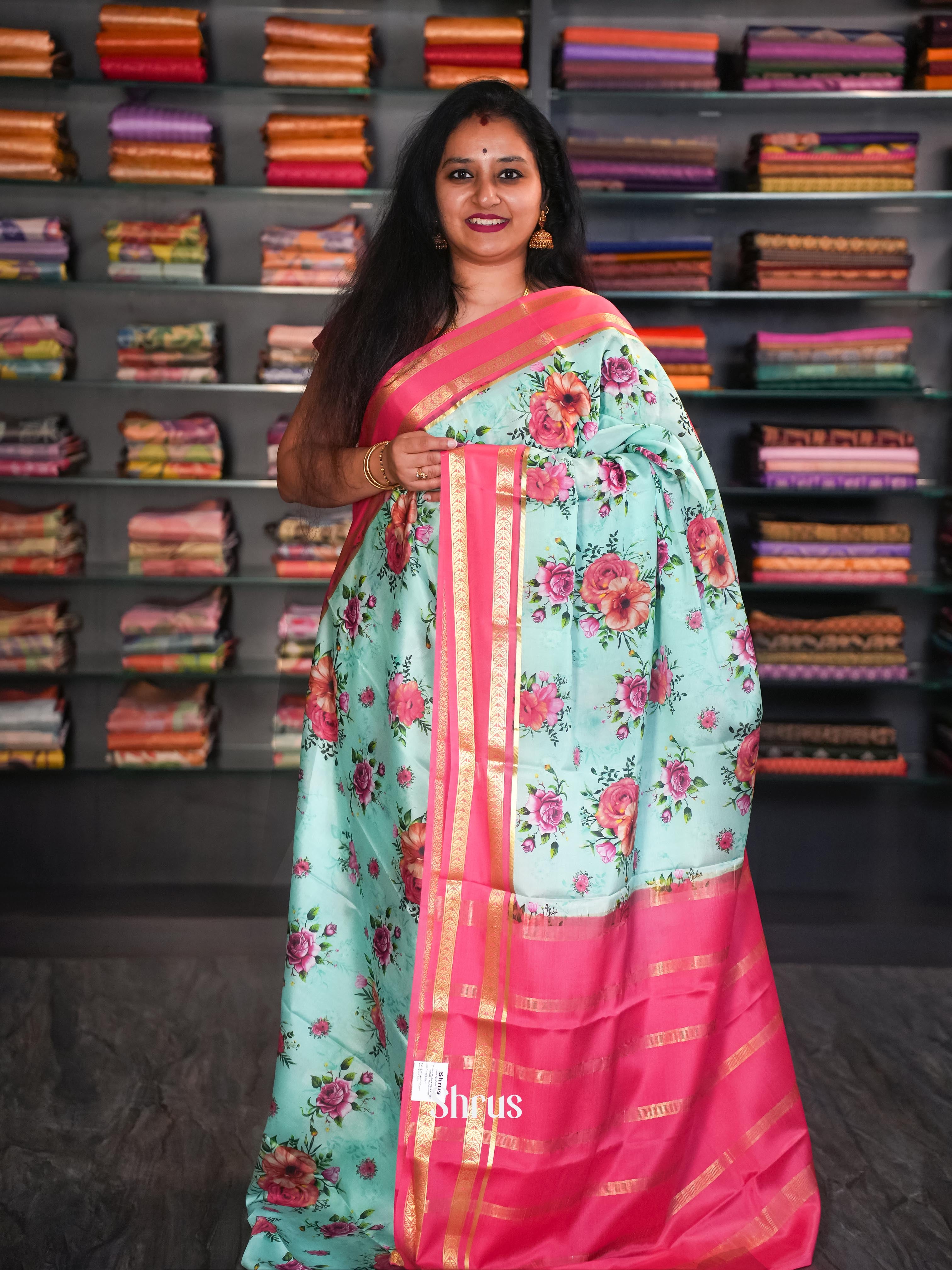 Sky Blue & Pink - Mysore Silk Saree - Shop on ShrusEternity.com