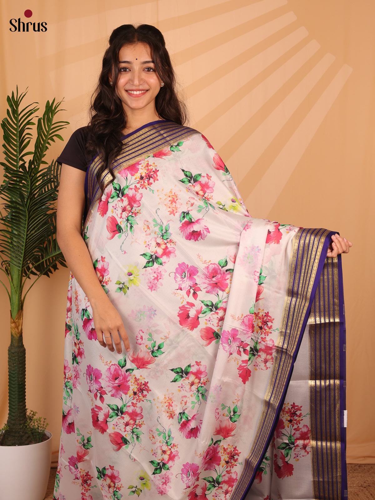 Cream & Violet- Mysore Silk Saree - Shop on ShrusEternity.com