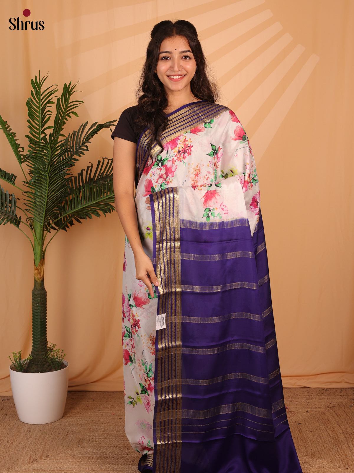 Cream & Violet- Mysore Silk Saree - Shop on ShrusEternity.com