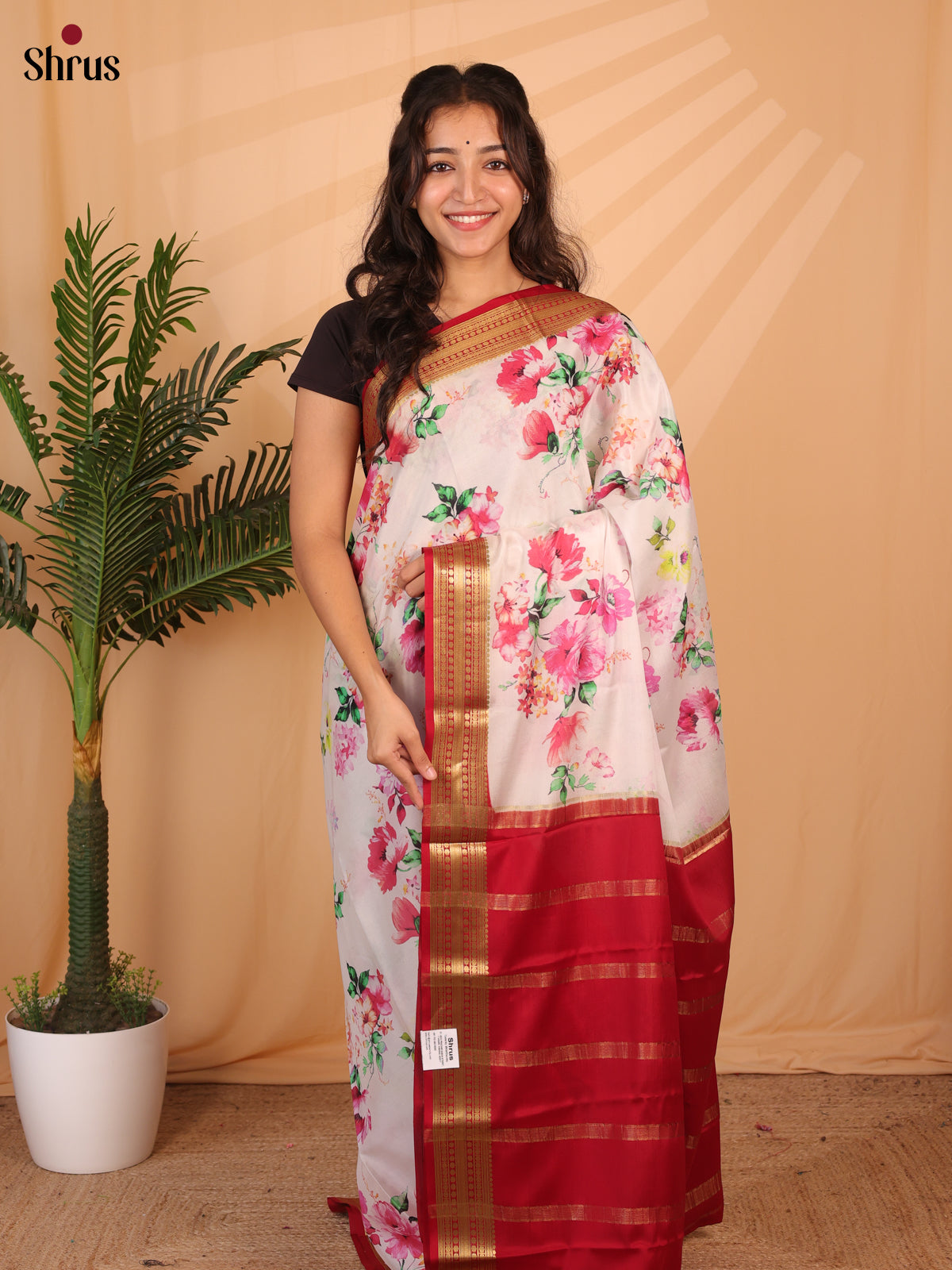 White & Red- Mysore Silk Saree - Shop on ShrusEternity.com