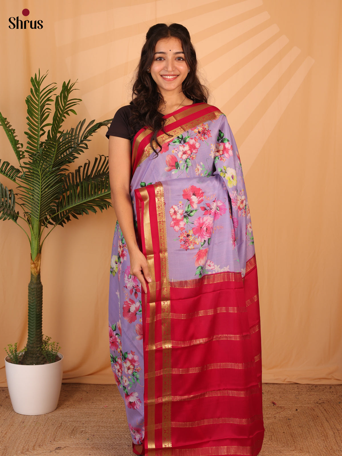 Lavender & Red - Mysore Silk Saree - Shop on ShrusEternity.com