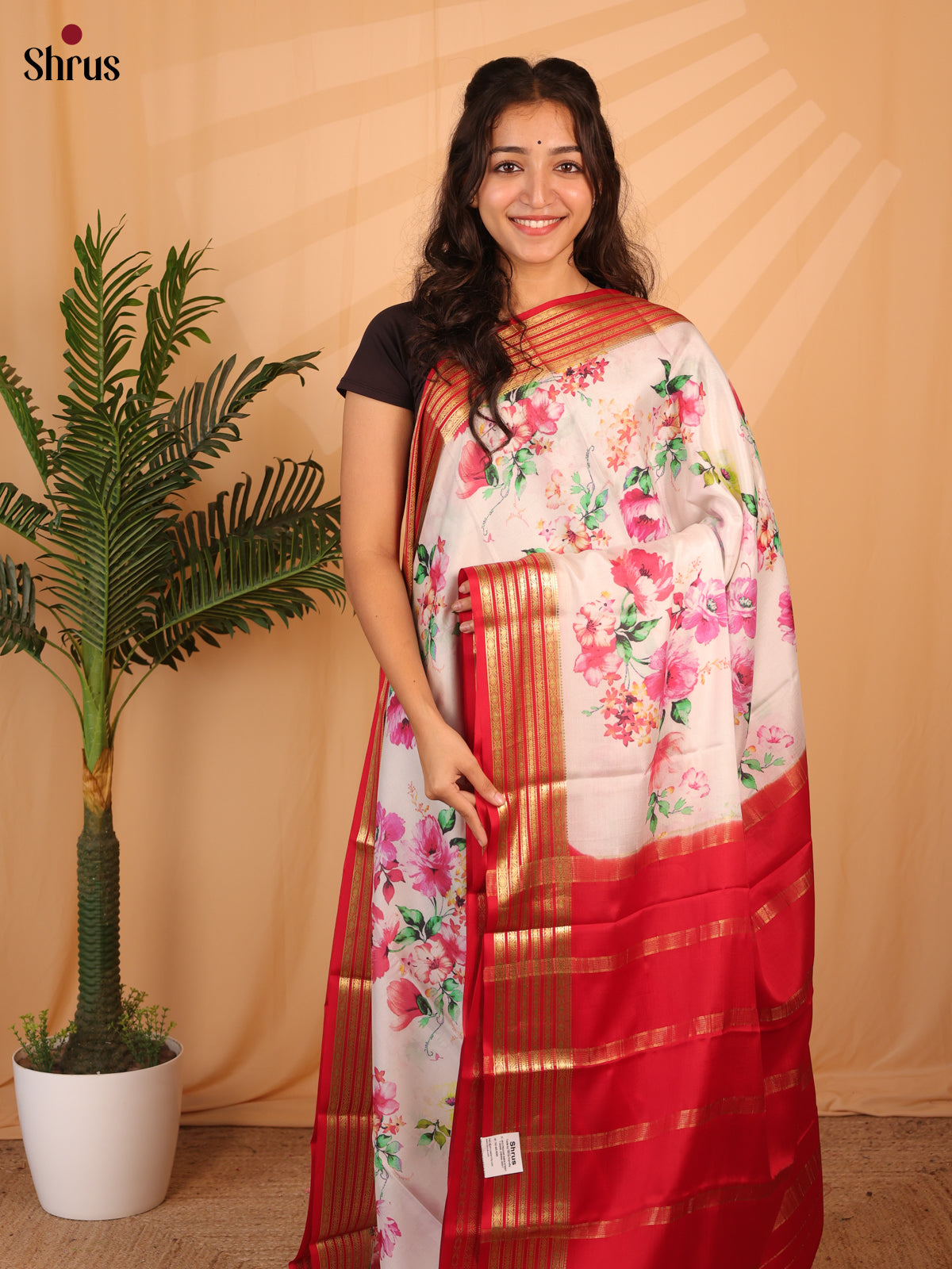 Cream & Red - Mysore Silk Saree - Shop on ShrusEternity.com