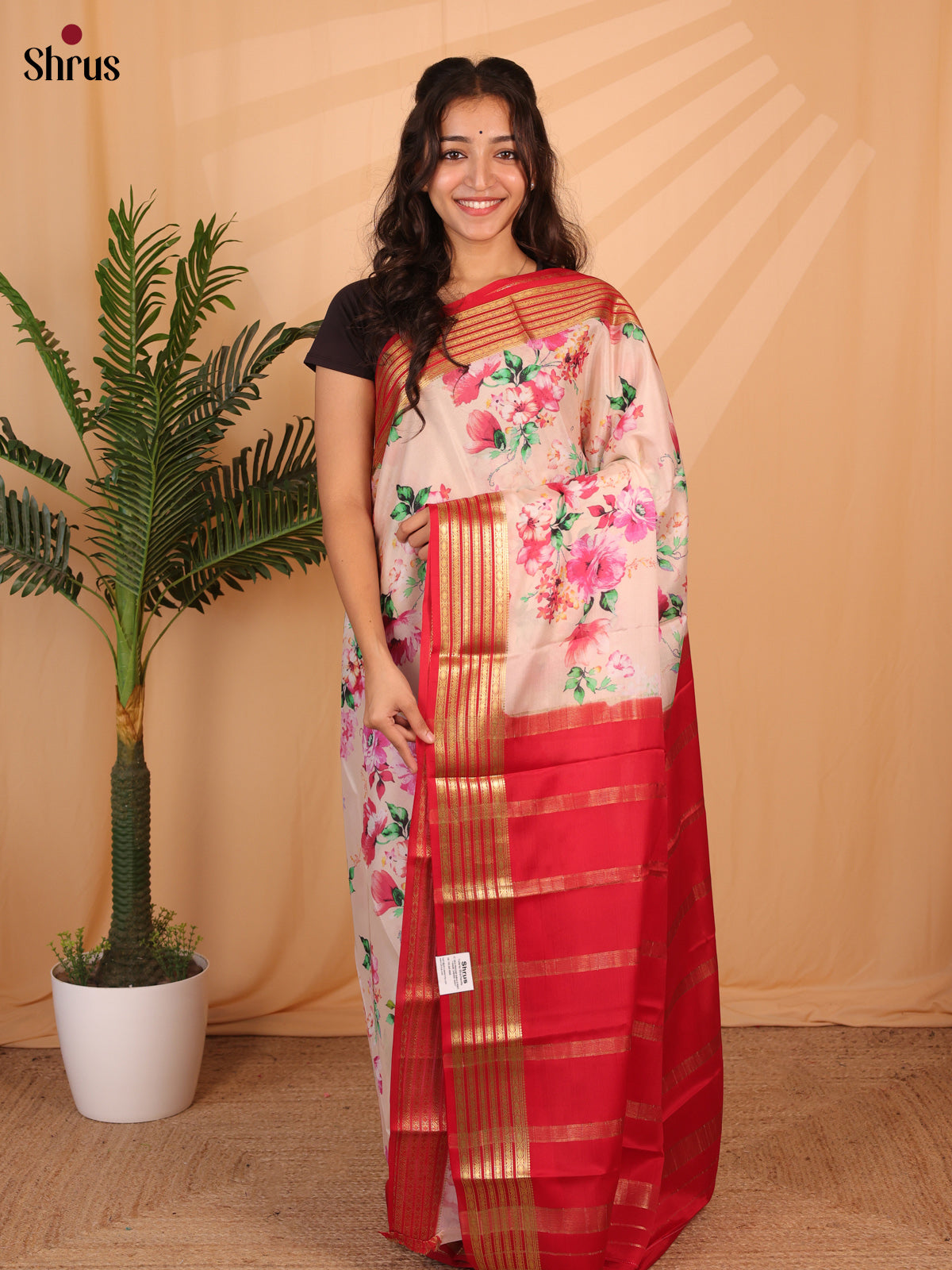 Peach & Red - Mysore Silk Saree - Shop on ShrusEternity.com