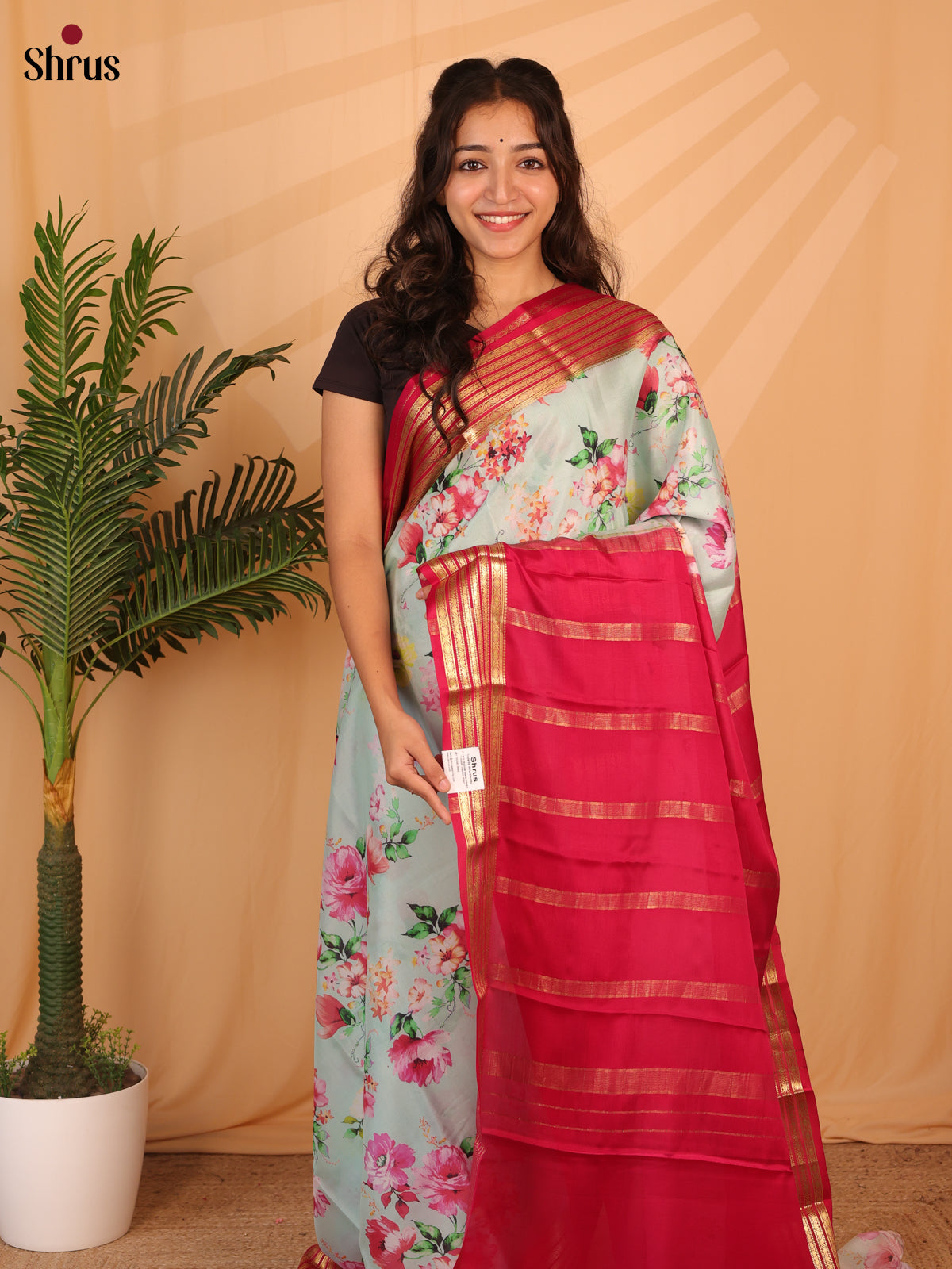 Ice Green & Pinkish Red - Mysore Silk Saree - Shop on ShrusEternity.com