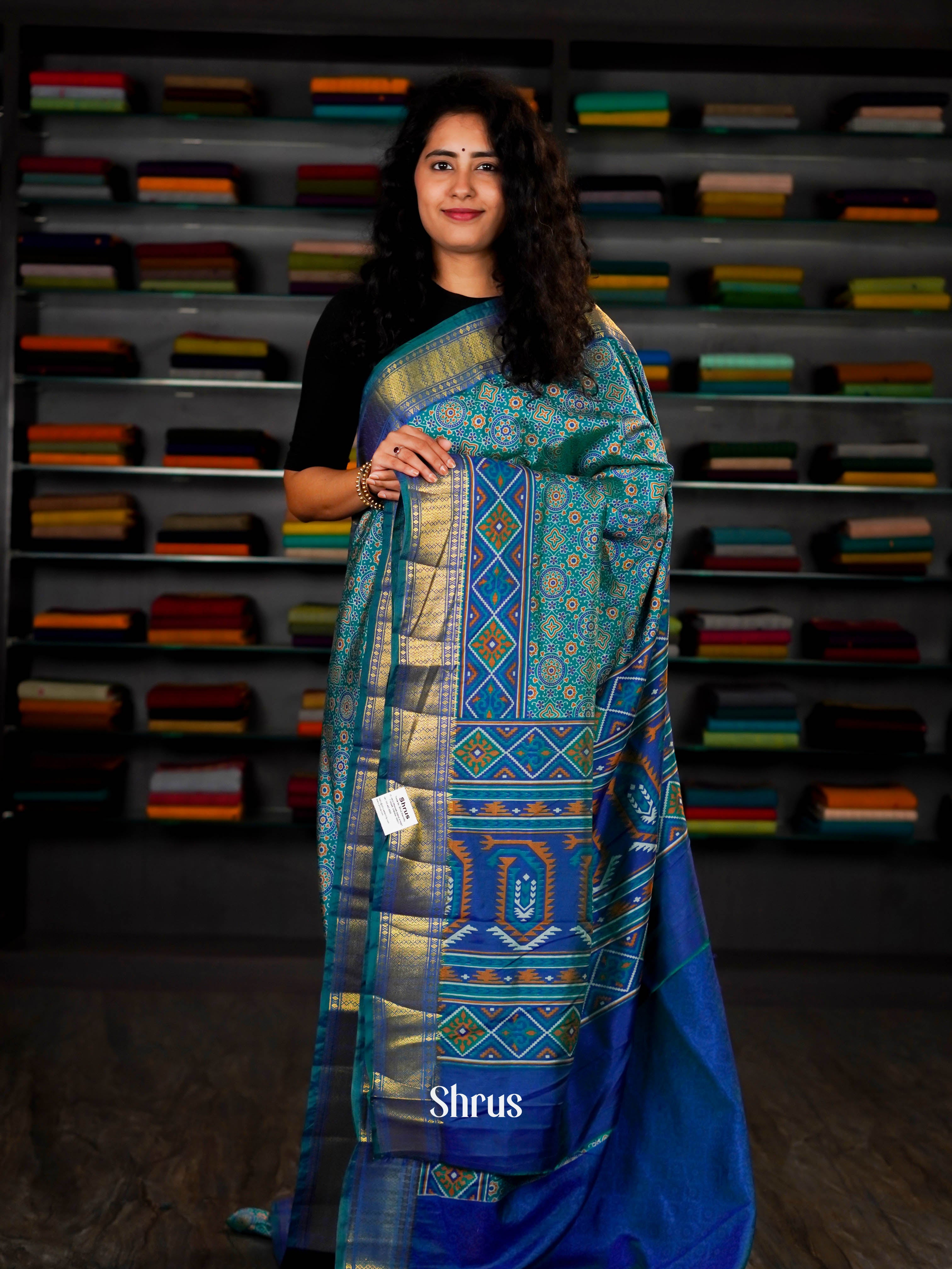 Greenish Blue & Blue - Semi Patola Saree - Shop on ShrusEternity.com