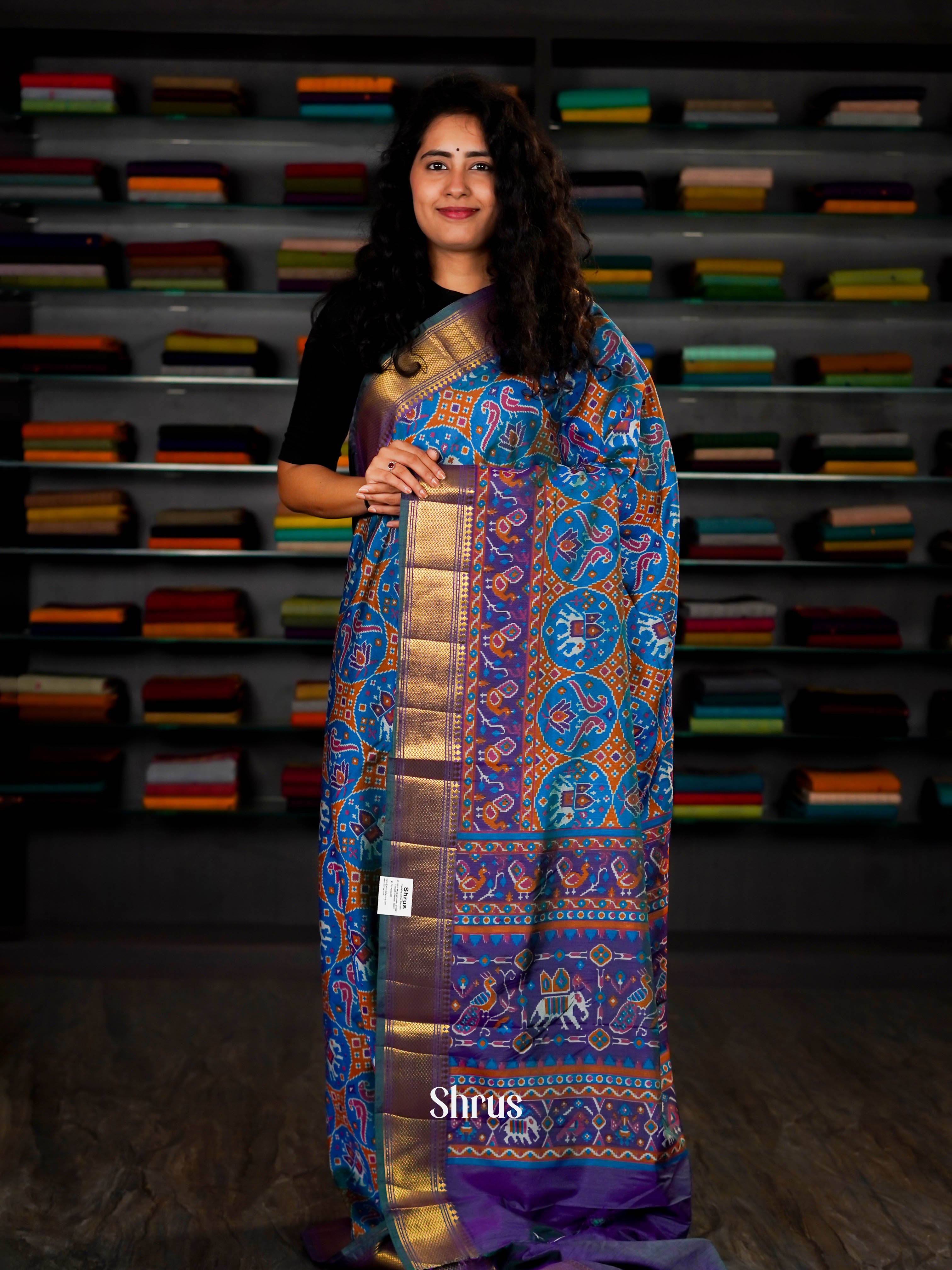 Double Shaded Greenish Blue - Semi Patola Saree - Shop on ShrusEternity.com
