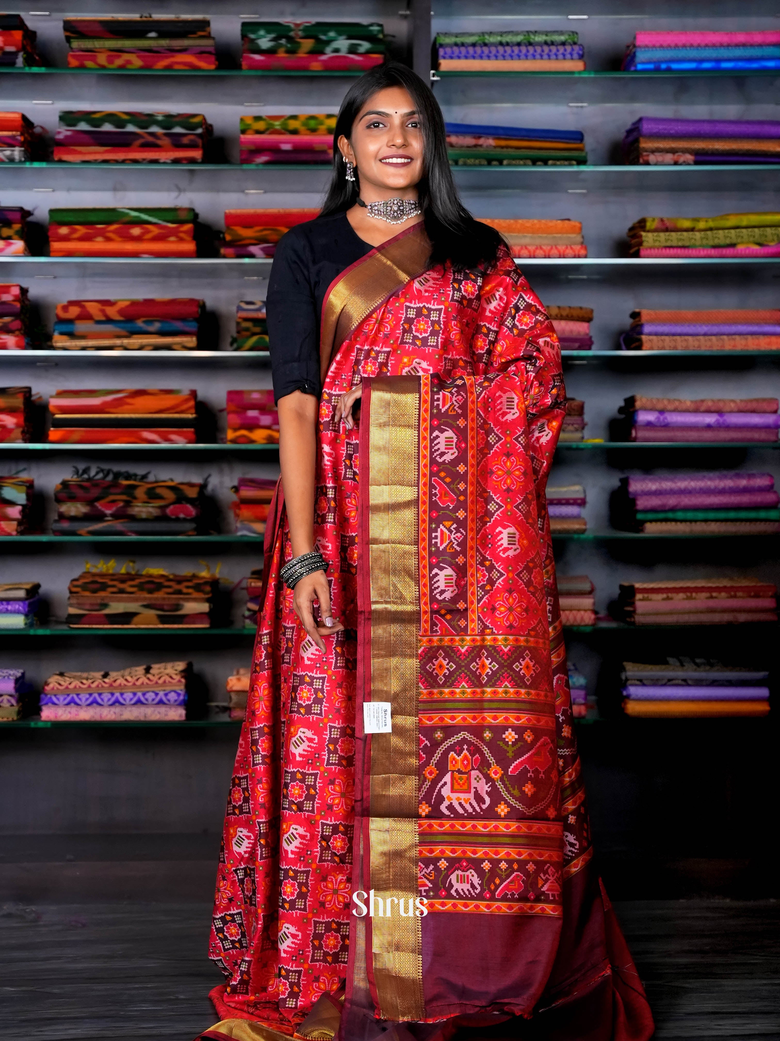 Red & Maroon - Semi Patola Saree - Shop on ShrusEternity.com