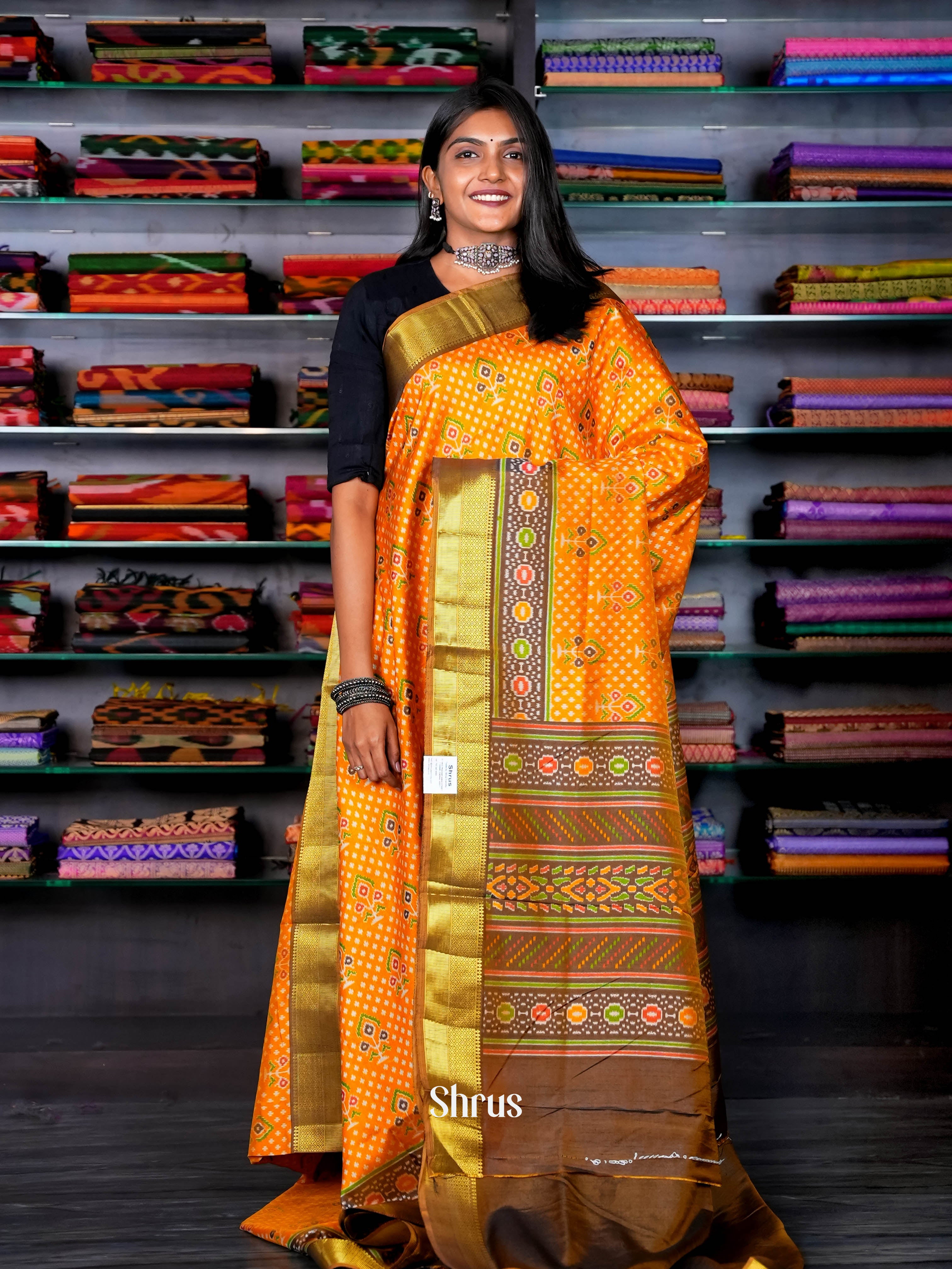 Golden Orange & Brown - Semi Patola Saree - Shop on ShrusEternity.com