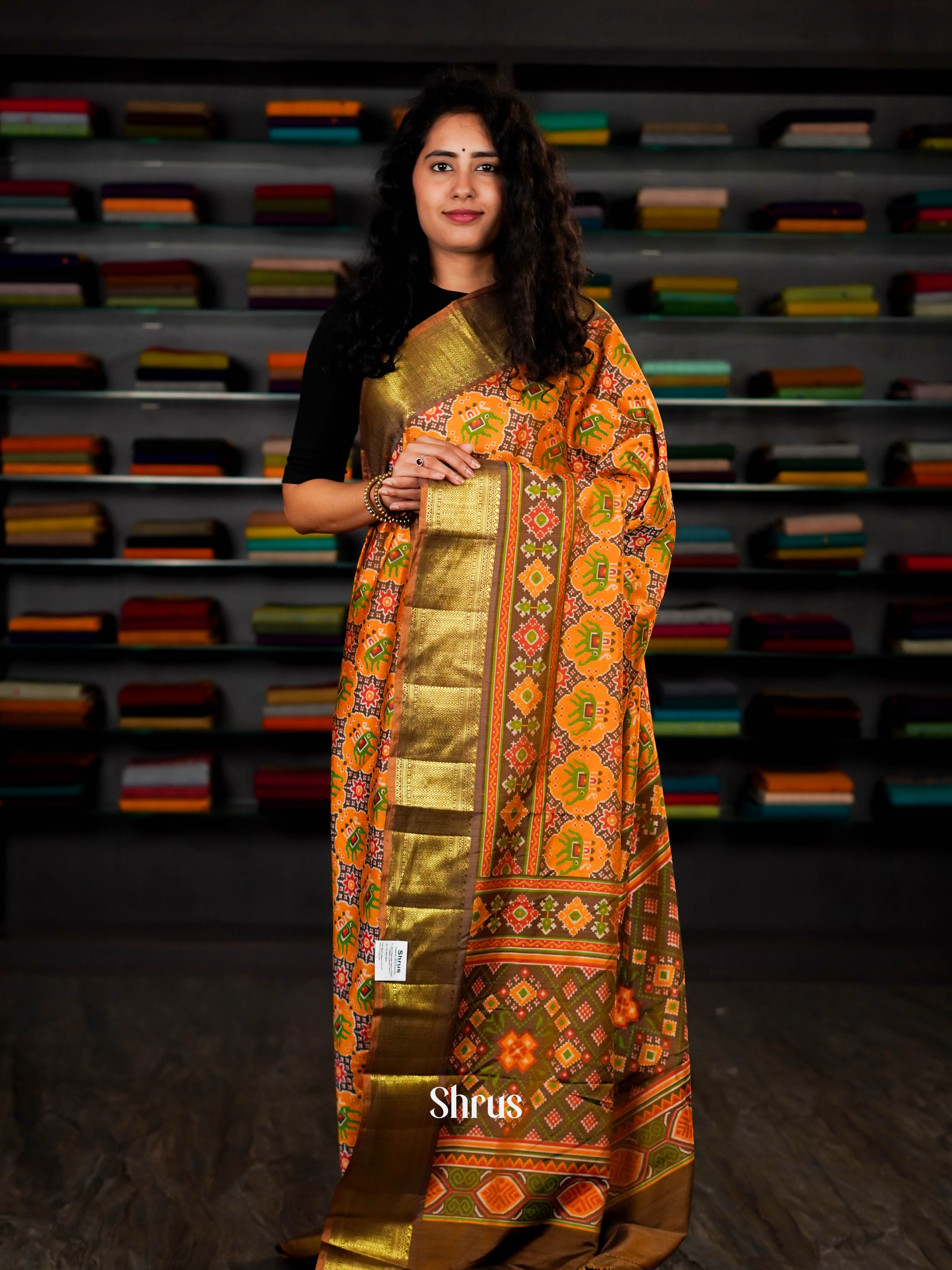 Mustard Orange & Brown - Semi Patola Saree - Shop on ShrusEternity.com