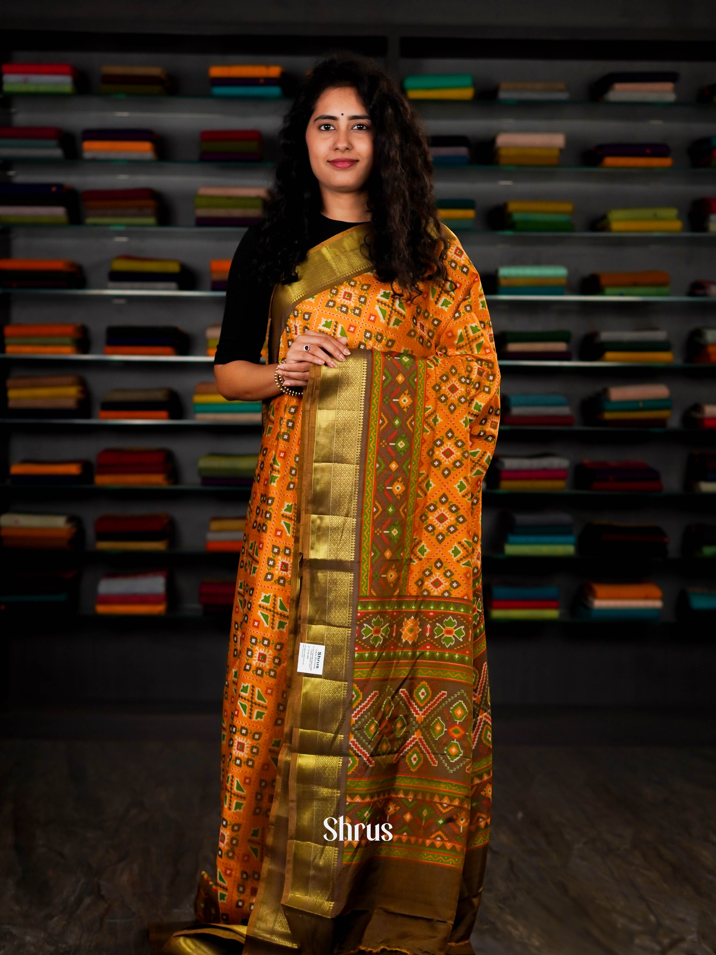 Mustard & Brown - Semi Patola Saree - Shop on ShrusEternity.com