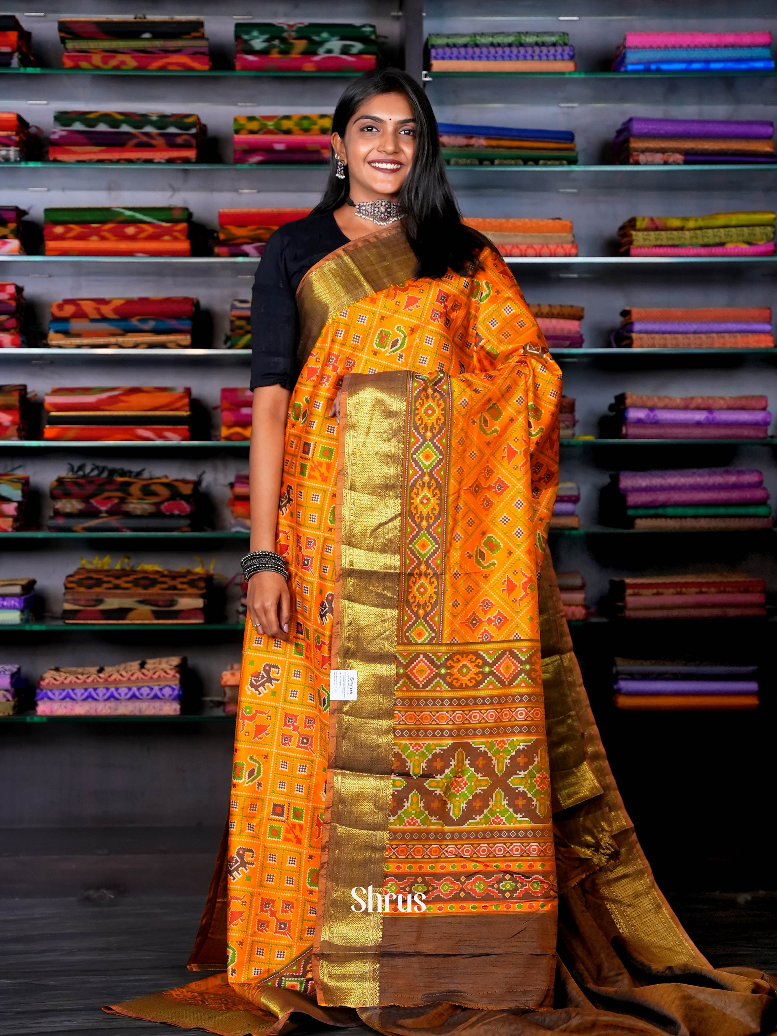 Mustard Orange & Brown - Semi Patola Saree - Shop on ShrusEternity.com