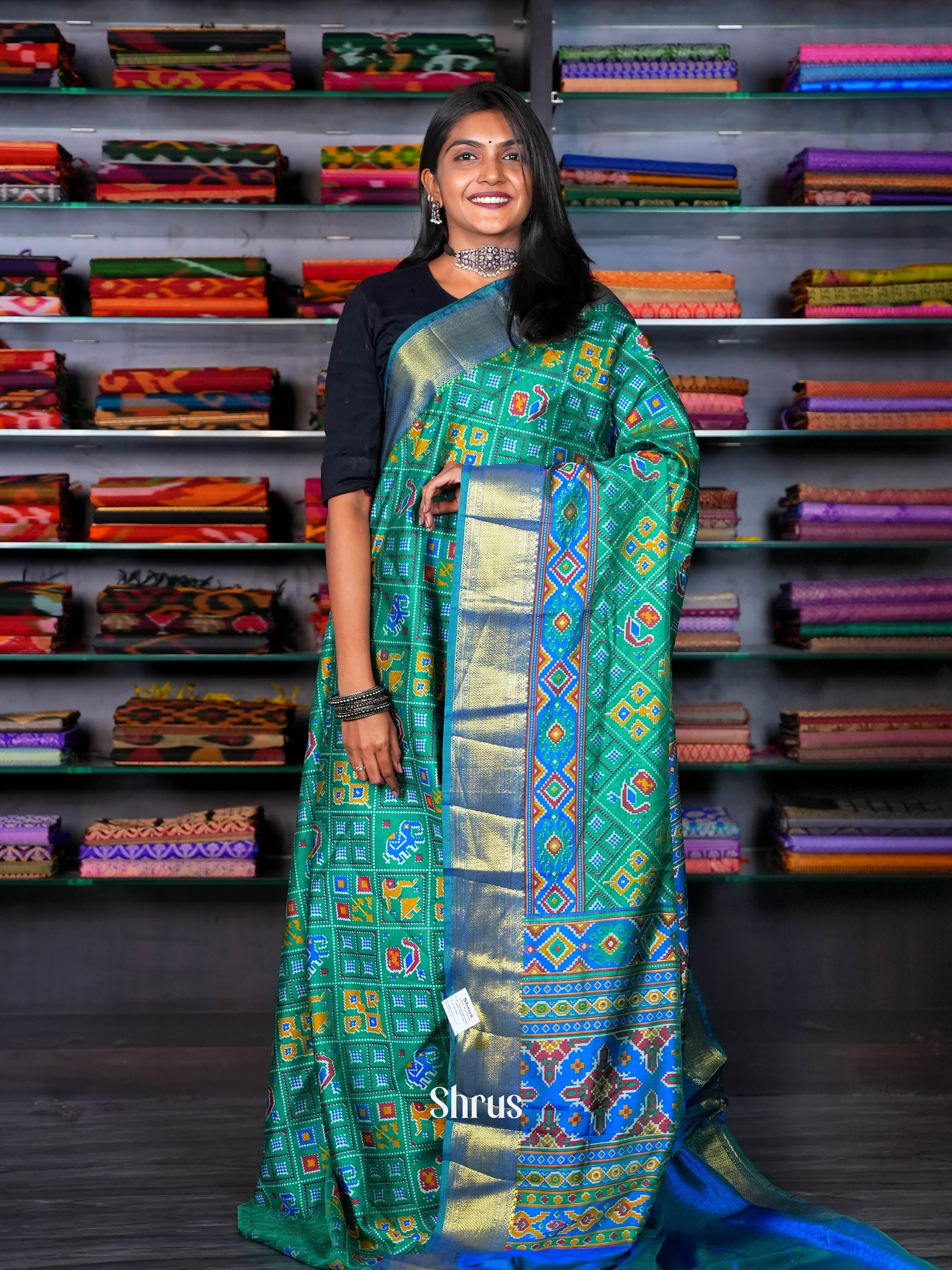 Green & Blue - Semi Patola Saree - Shop on ShrusEternity.com
