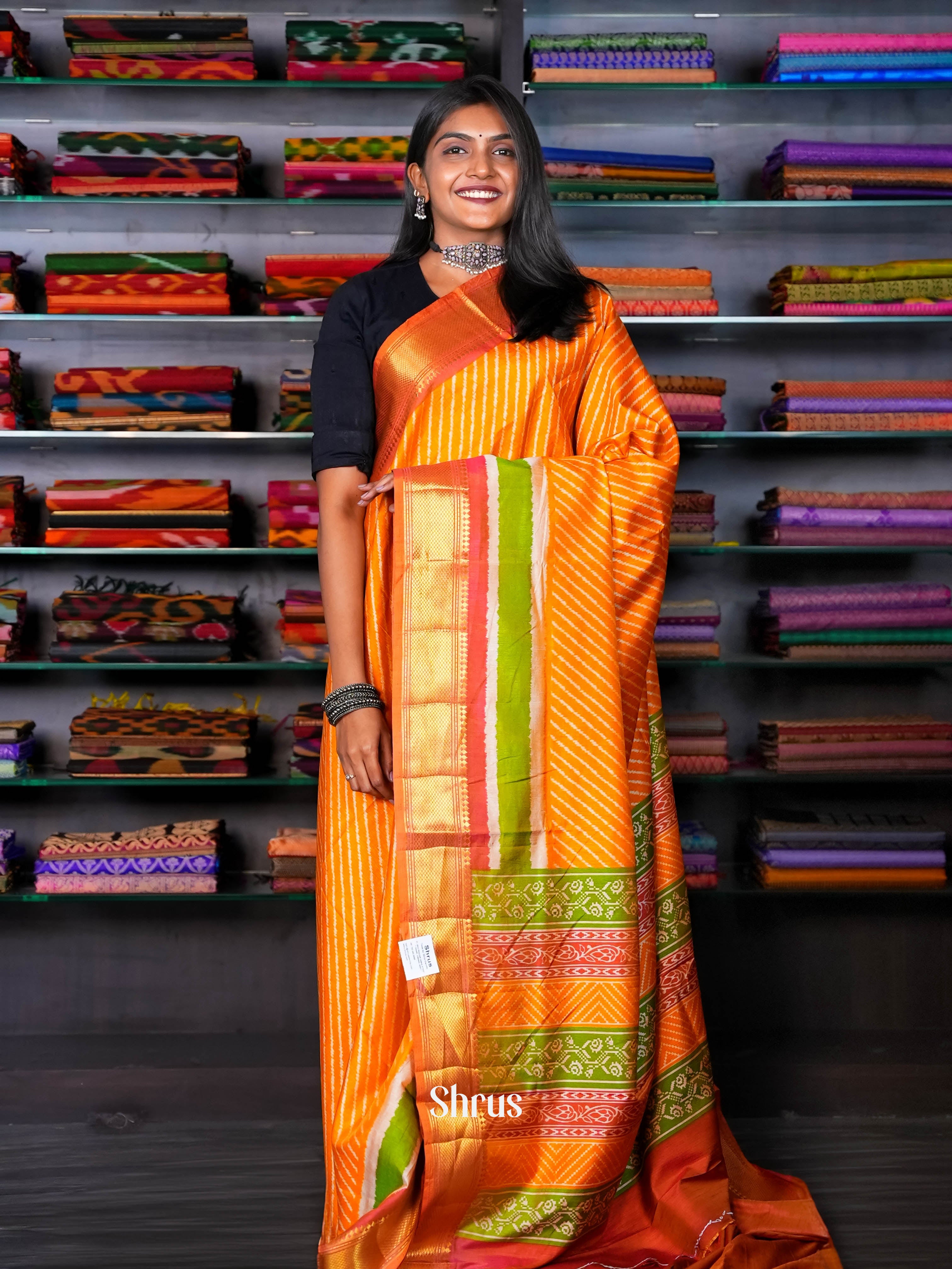 Golden Orange & Brick- Semi Patola Saree - Shop on ShrusEternity.com