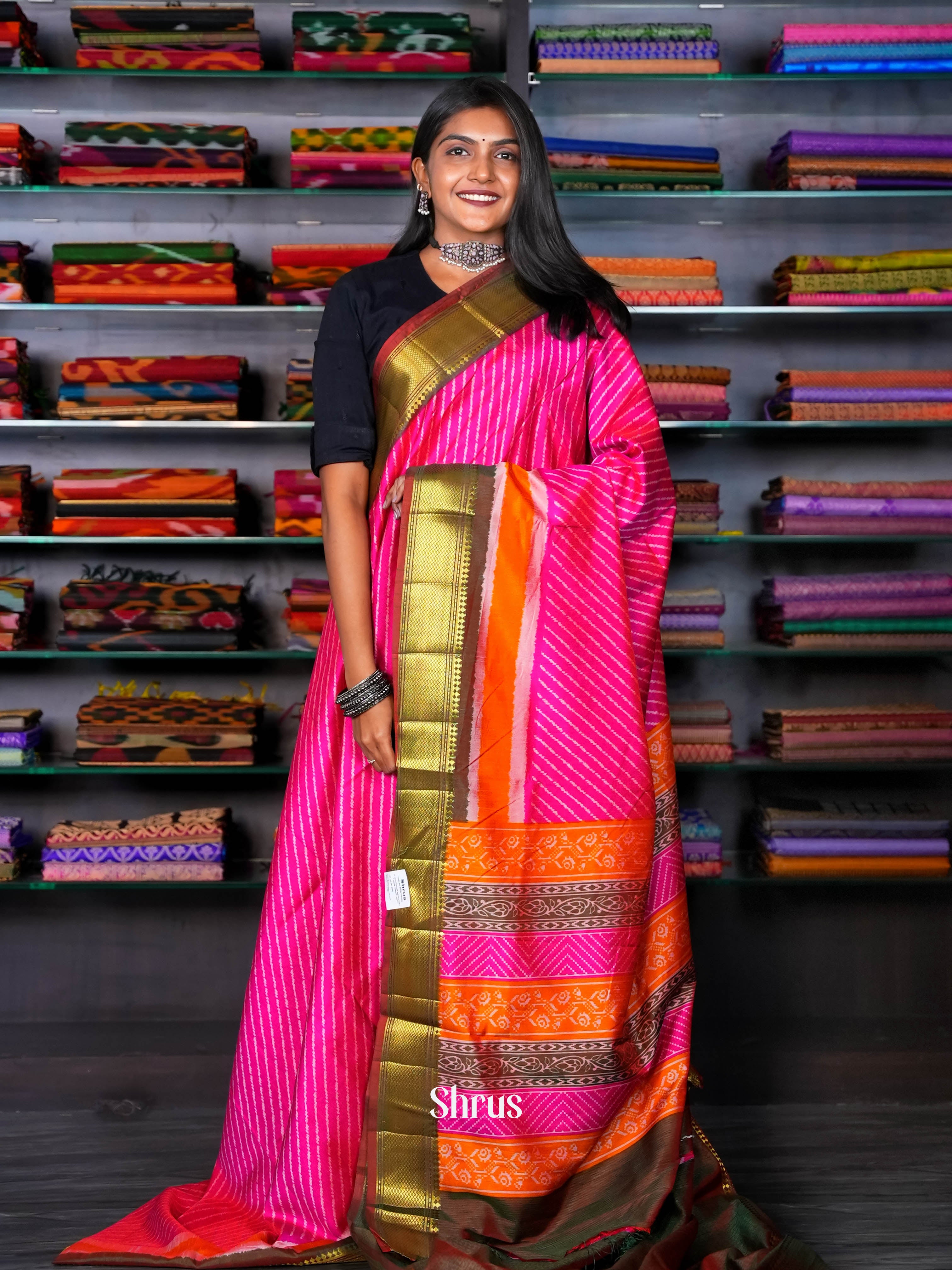 Pink & double Shaded Brown- Semi Patola Saree - Shop on ShrusEternity.com