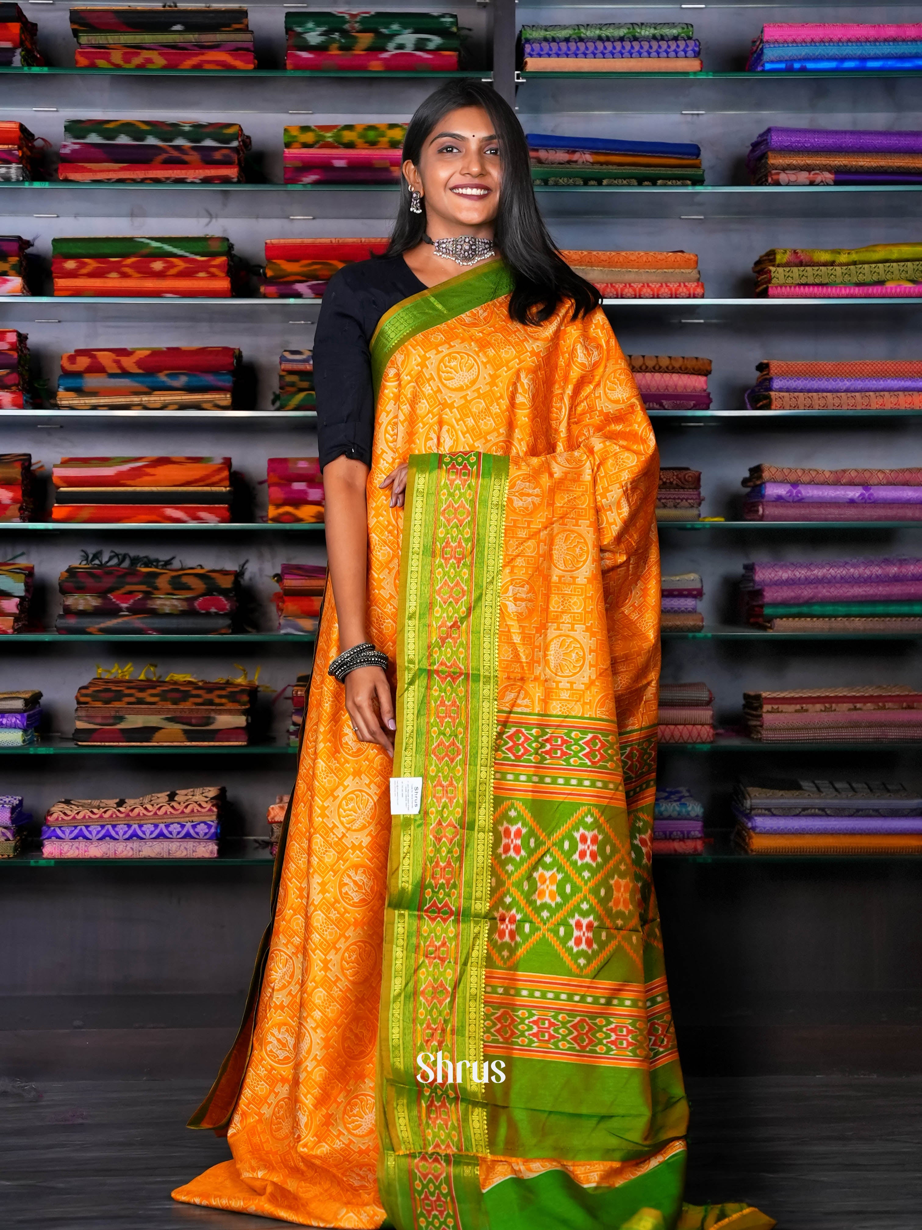 Orange & Green - Semi Patola Saree - Shop on ShrusEternity.com