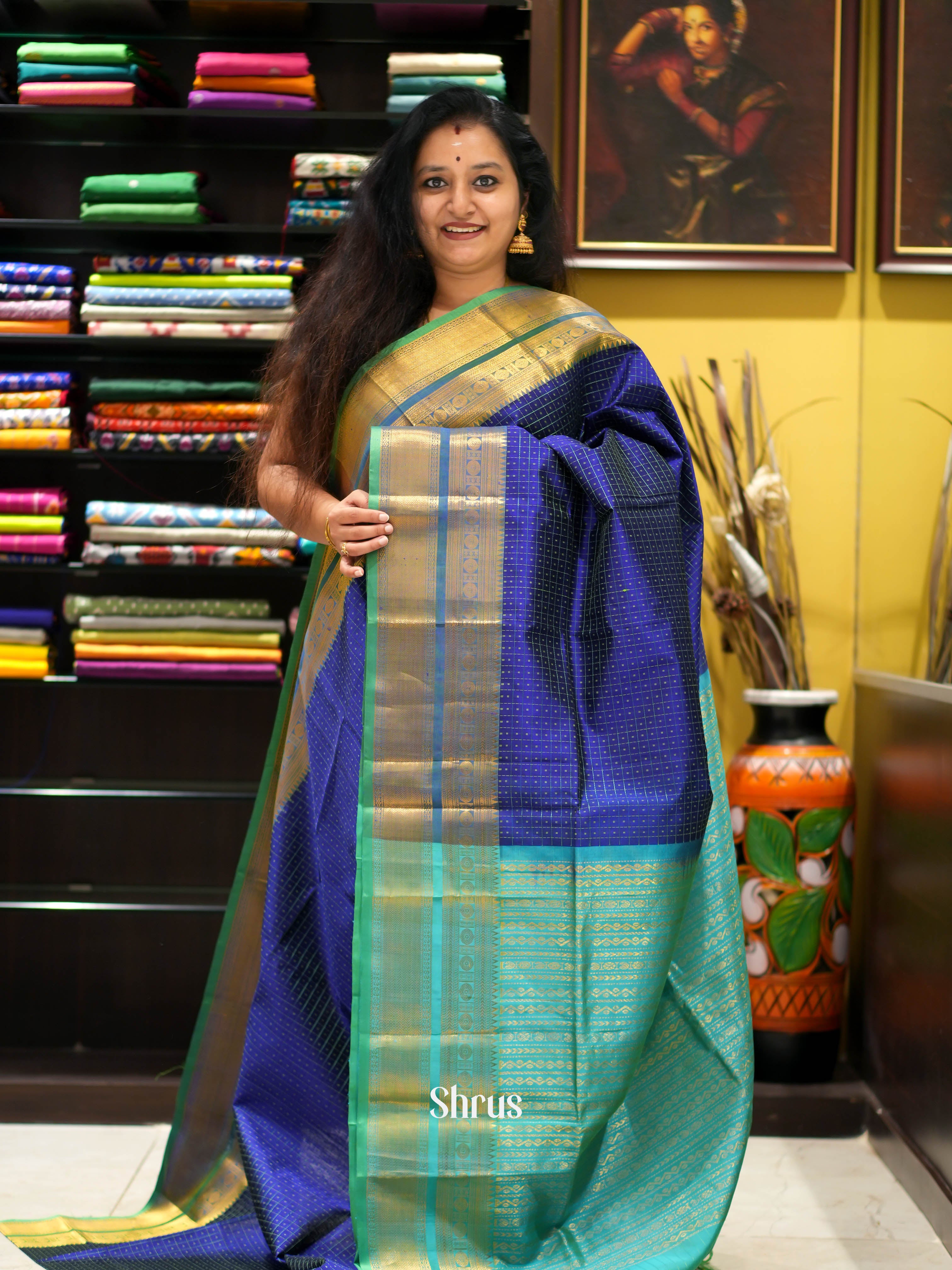 Blue & Teal - Silk Cotton Saree - Shop on ShrusEternity.com