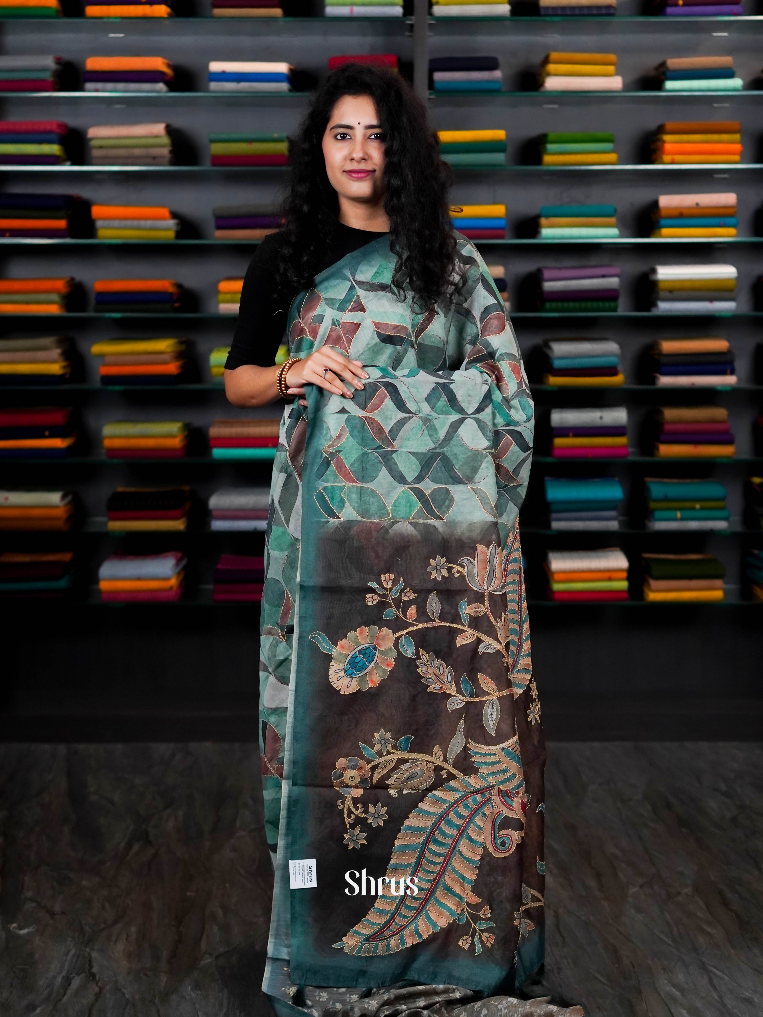 Green & Black - Semi Kantha Saree - Shop on ShrusEternity.com