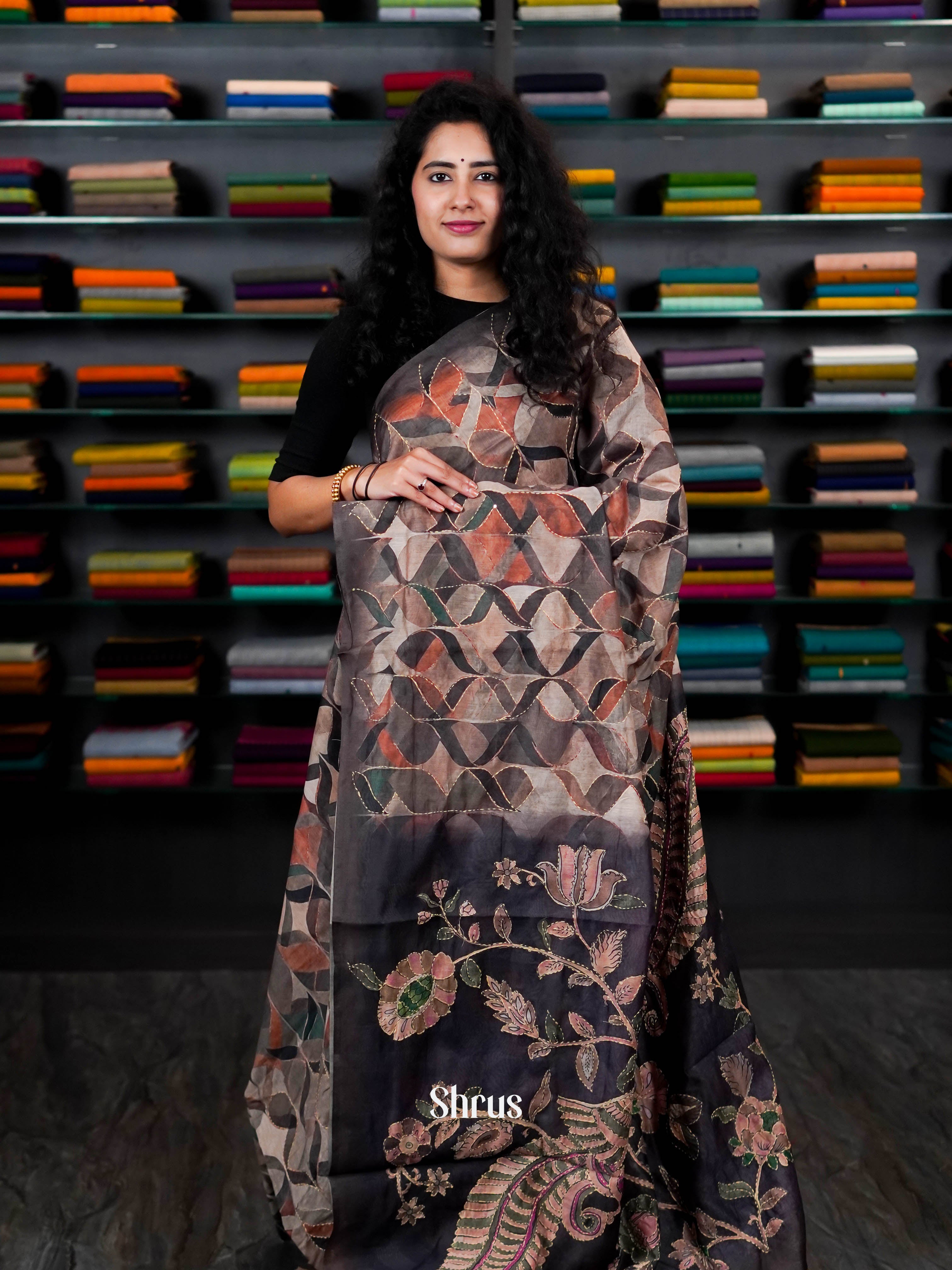 Brown & Black- Semi Kantha Saree - Shop on ShrusEternity.com