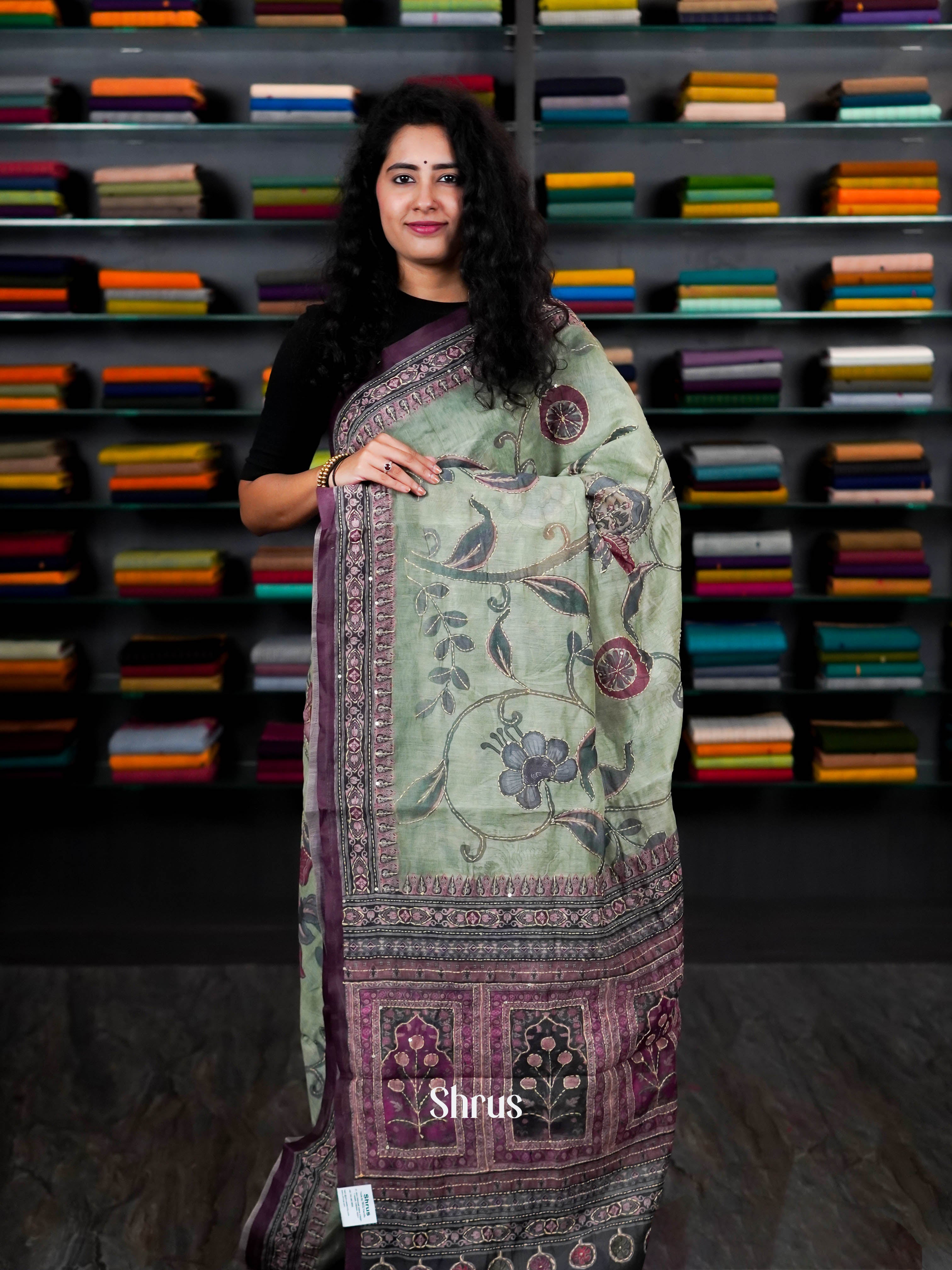 Green & Purple - Semi Kantha Saree - Shop on ShrusEternity.com