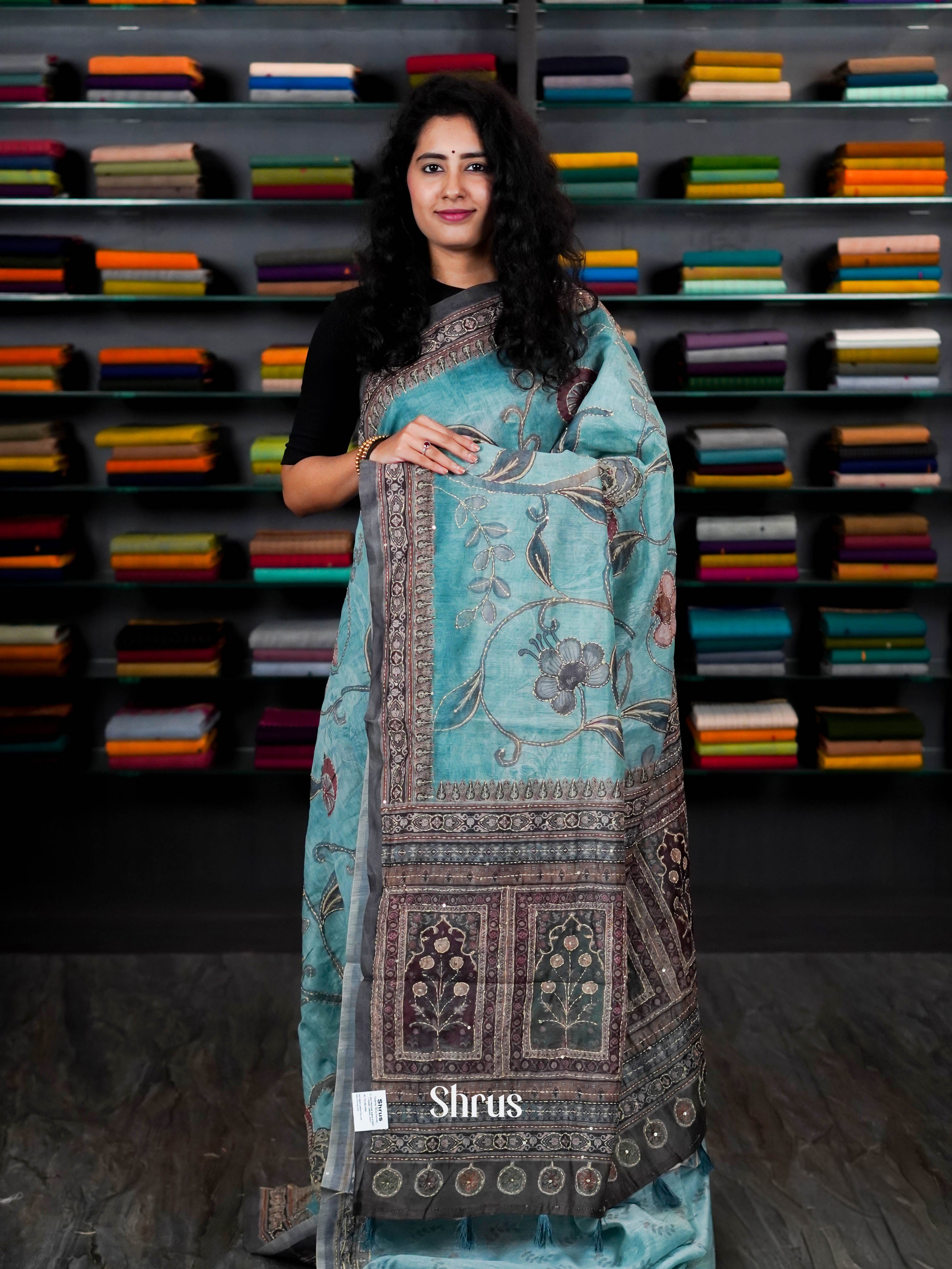 Blue & Grey- Semi Kantha Saree - Shop on ShrusEternity.com
