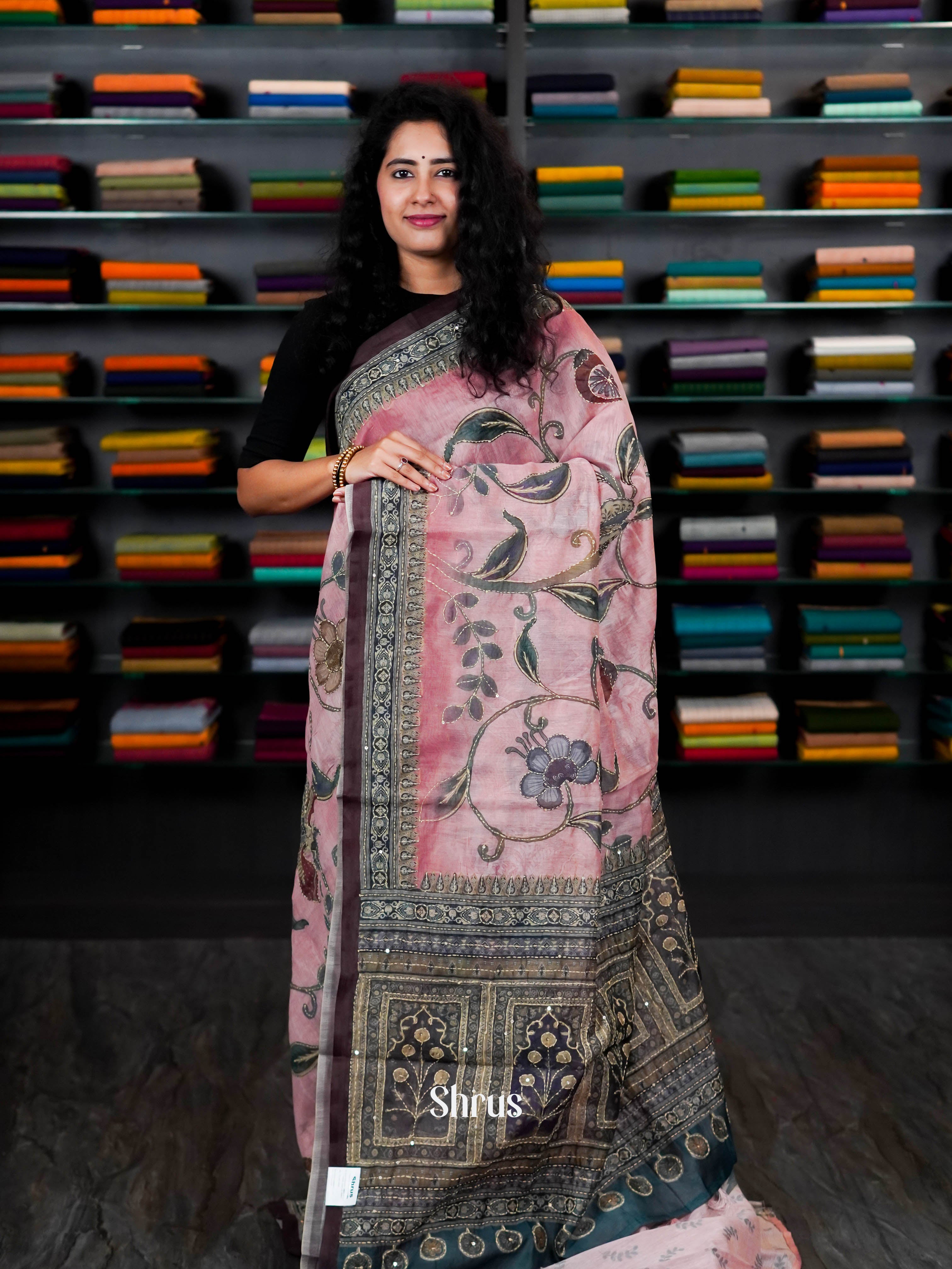 Pink & Grey - Semi Kantha Saree - Shop on ShrusEternity.com