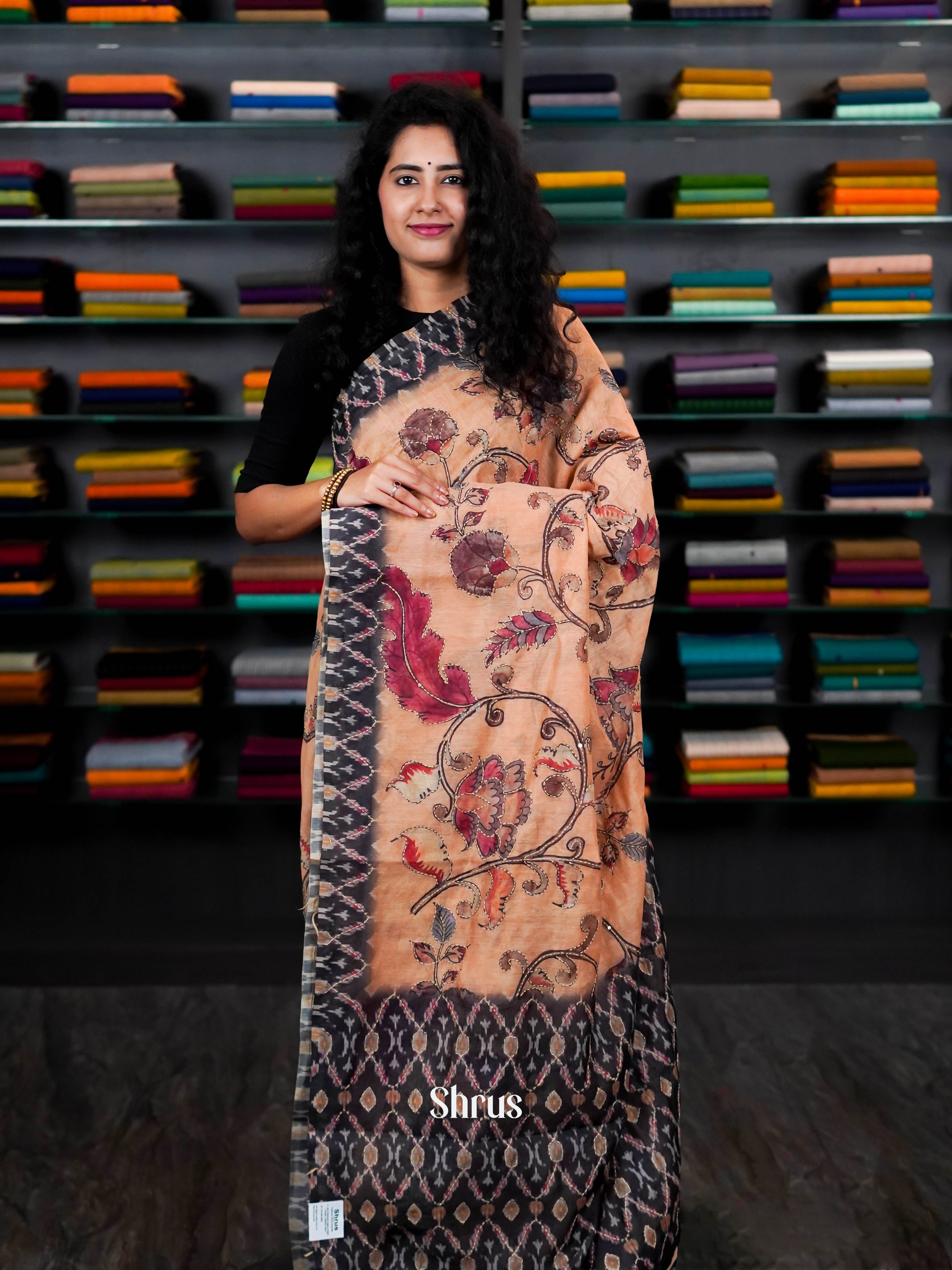 Pale Orange & Black - Semi Kantha Saree - Shop on ShrusEternity.com