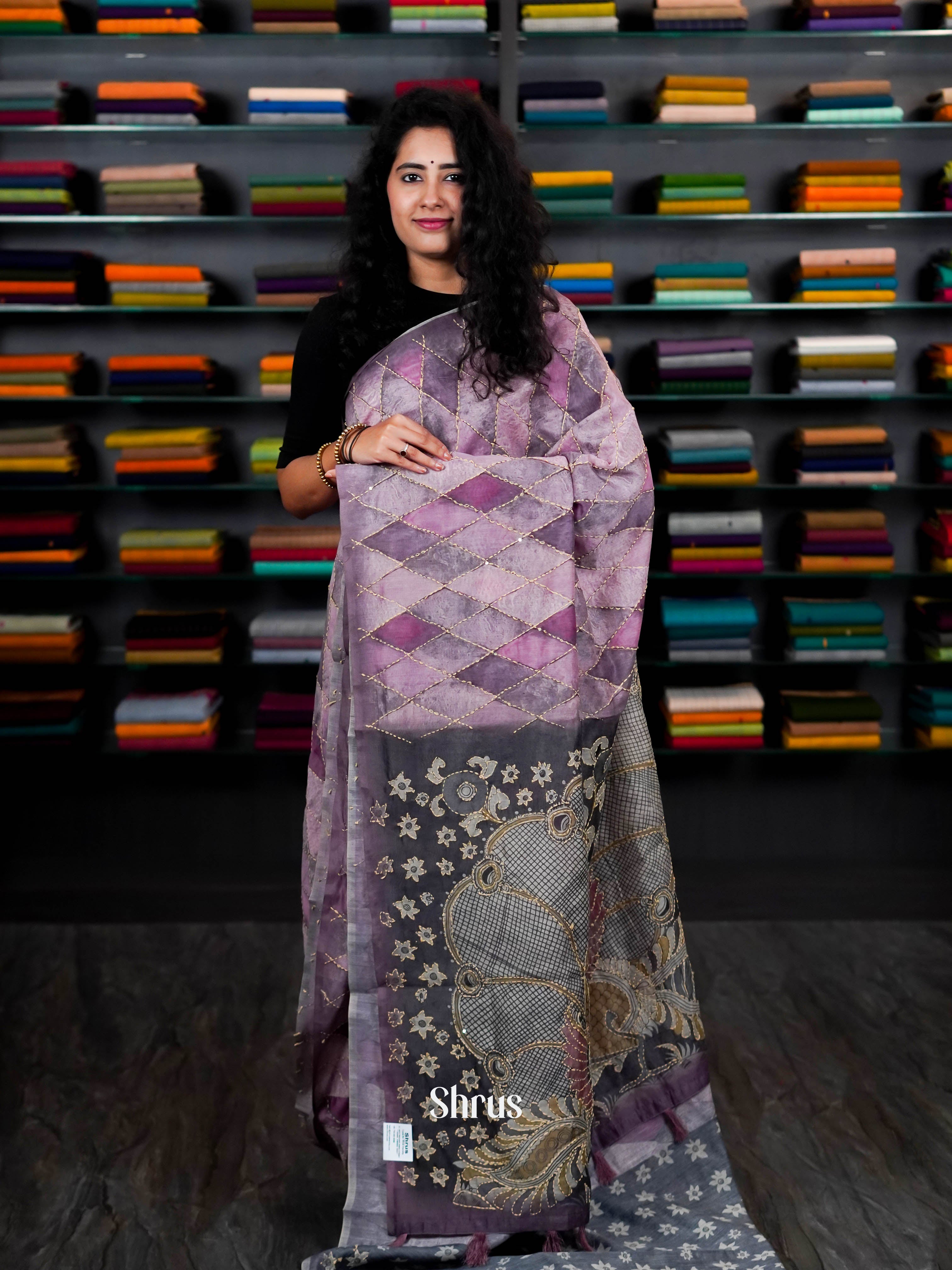Purple & Black - Semi Kantha Saree - Shop on ShrusEternity.com