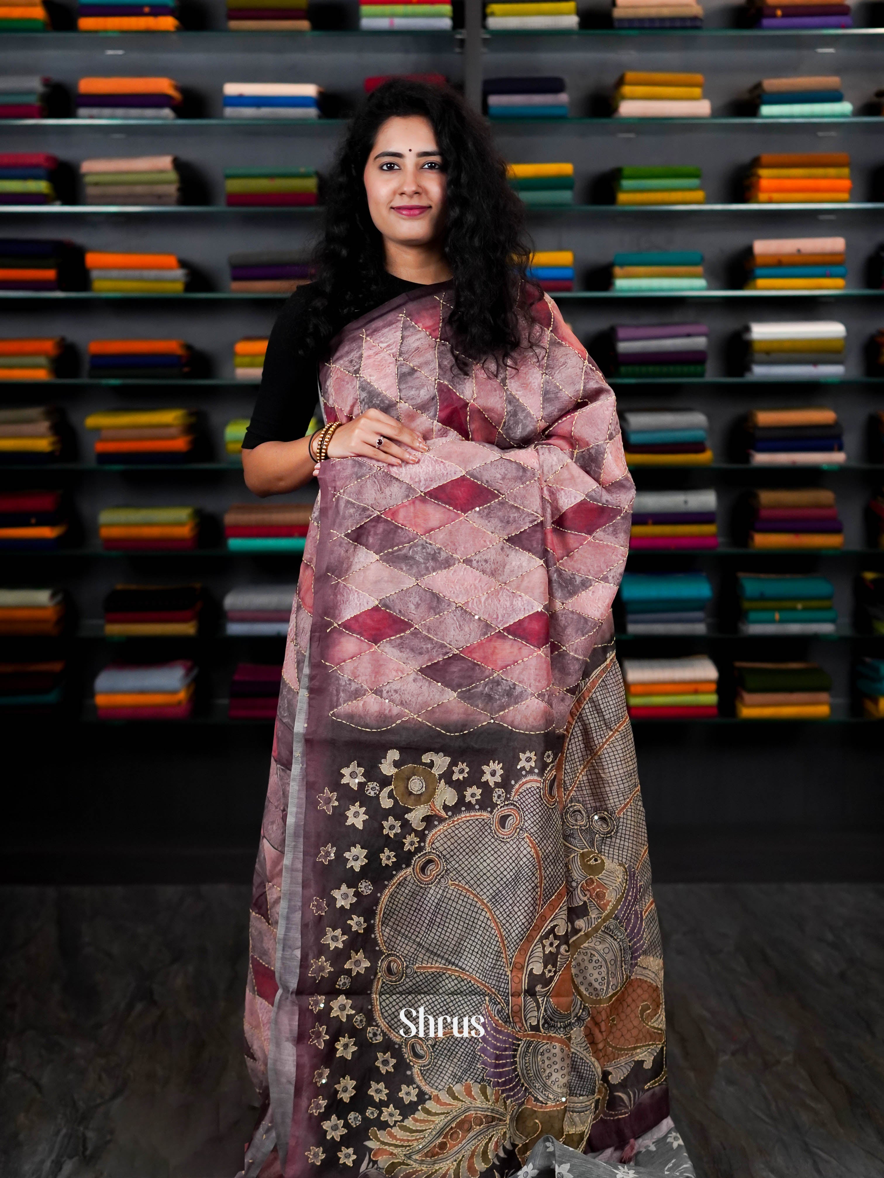 Peach & Black - Semi Kantha Saree - Shop on ShrusEternity.com