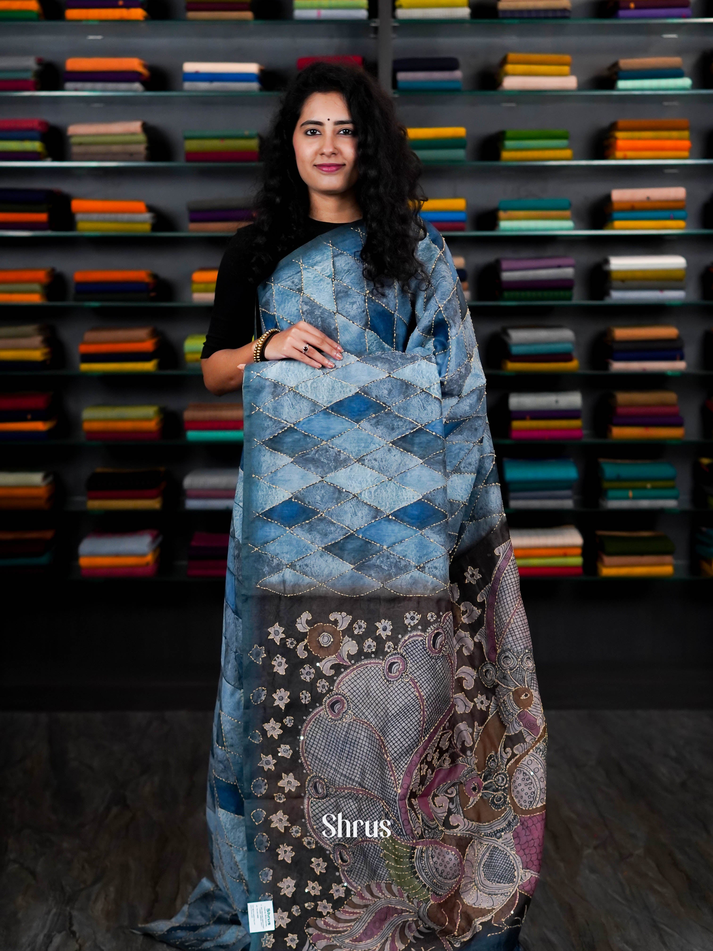 Blue & Black - Semi Kantha Saree - Shop on ShrusEternity.com