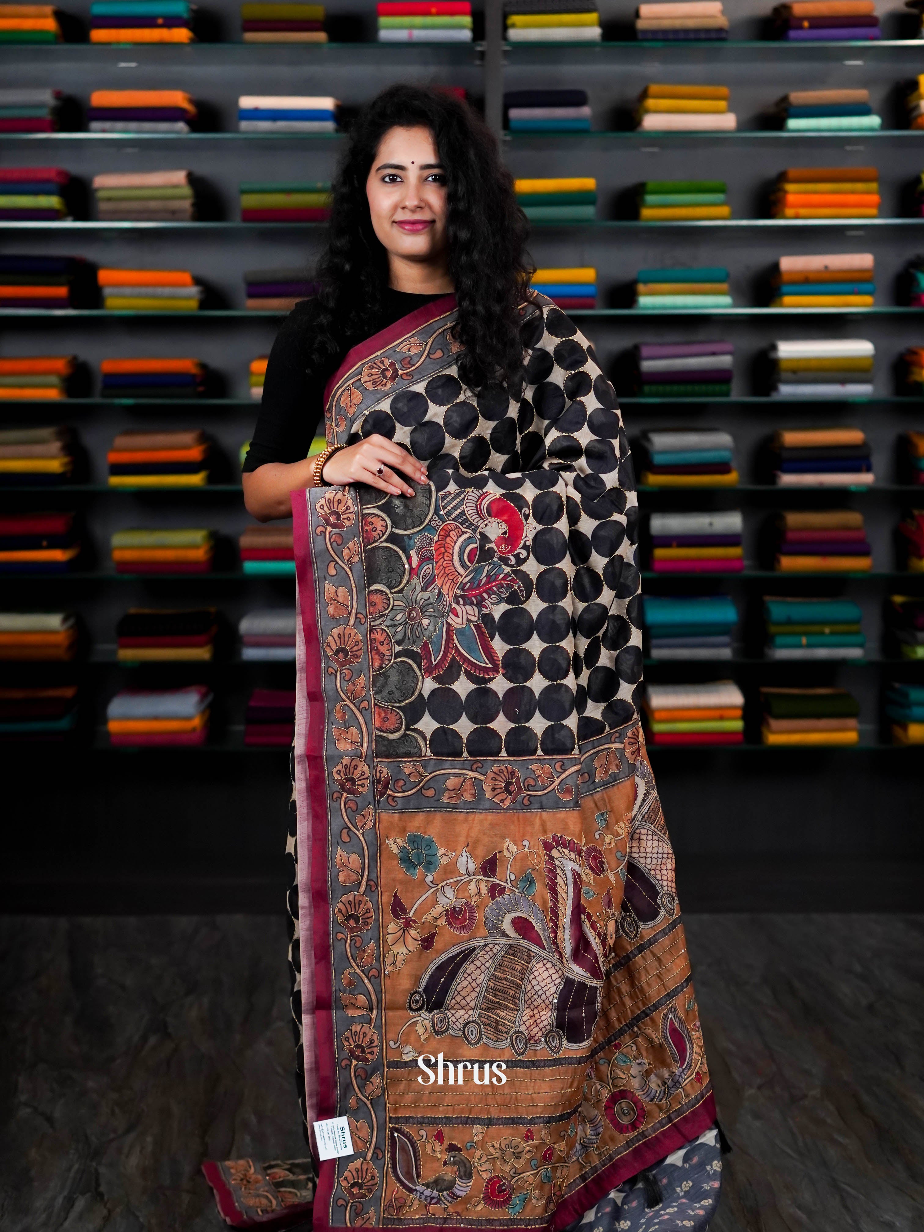 Cream & Black - Semi Kantha Saree - Shop on ShrusEternity.com