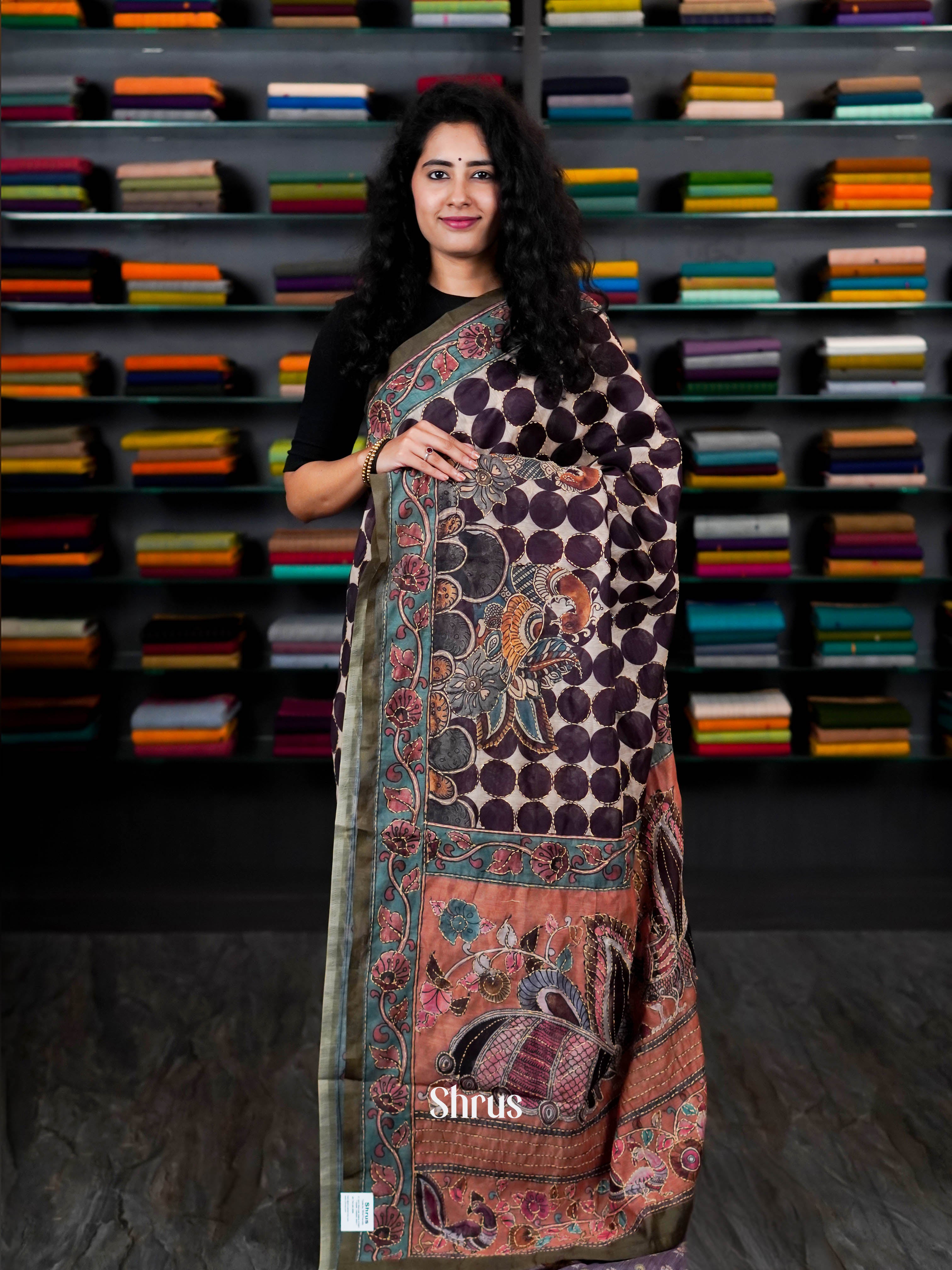 Cream & Brown - Semi Kantha Saree - Shop on ShrusEternity.com