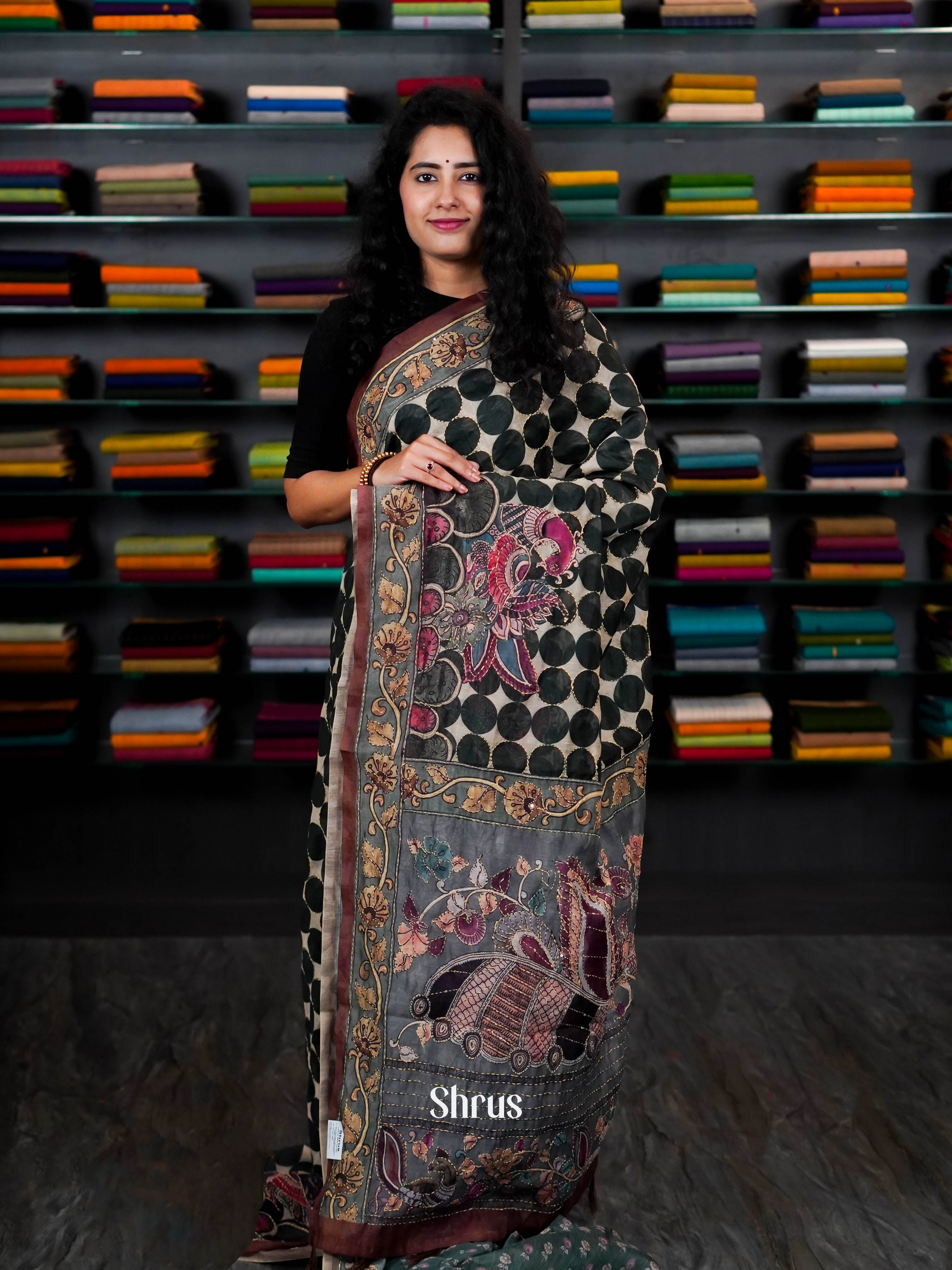Green & Cream - Semi Kantha Saree - Shop on ShrusEternity.com