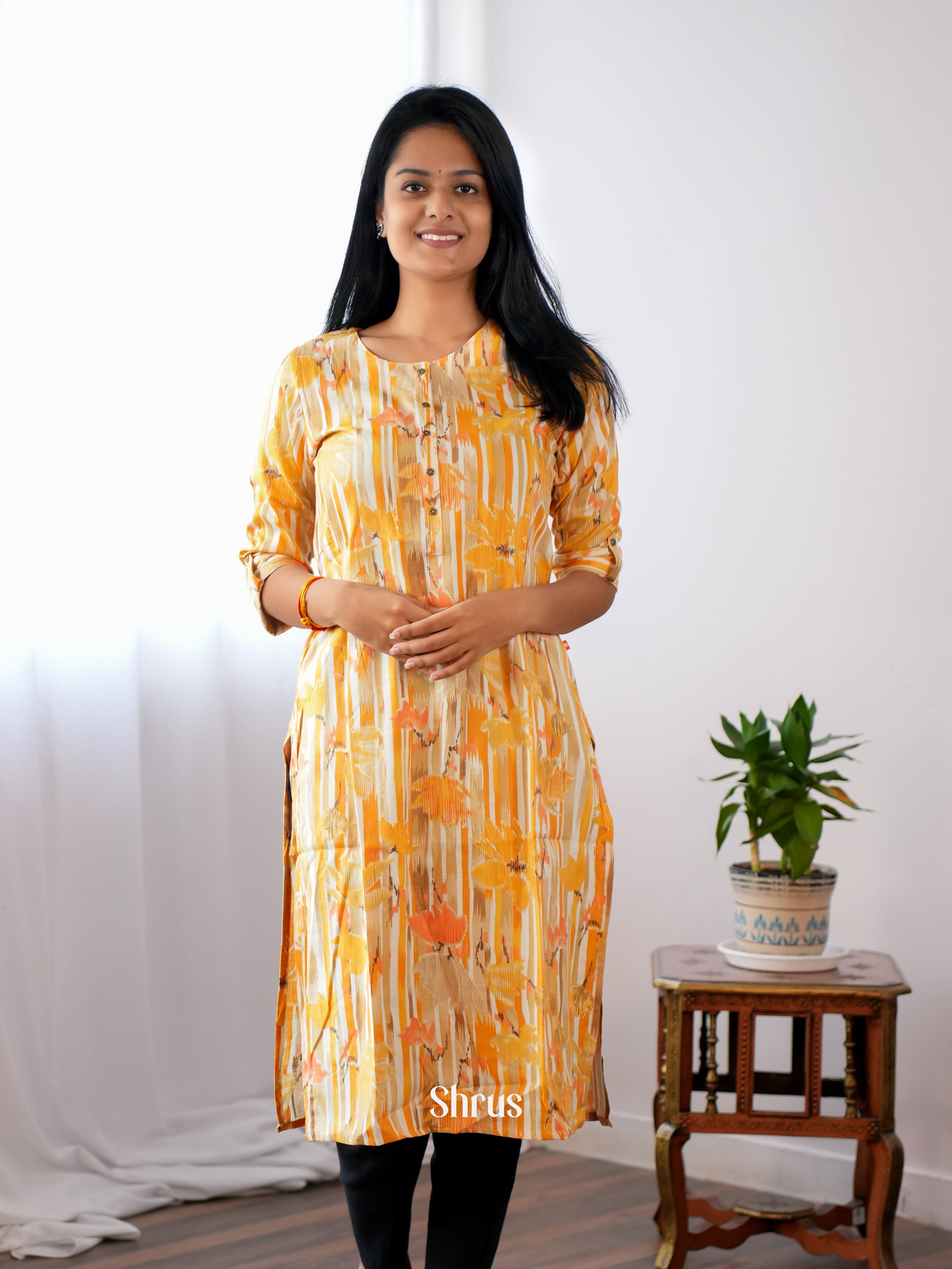 Cream & Mustard - Readymade Kurti - Shop on ShrusEternity.com