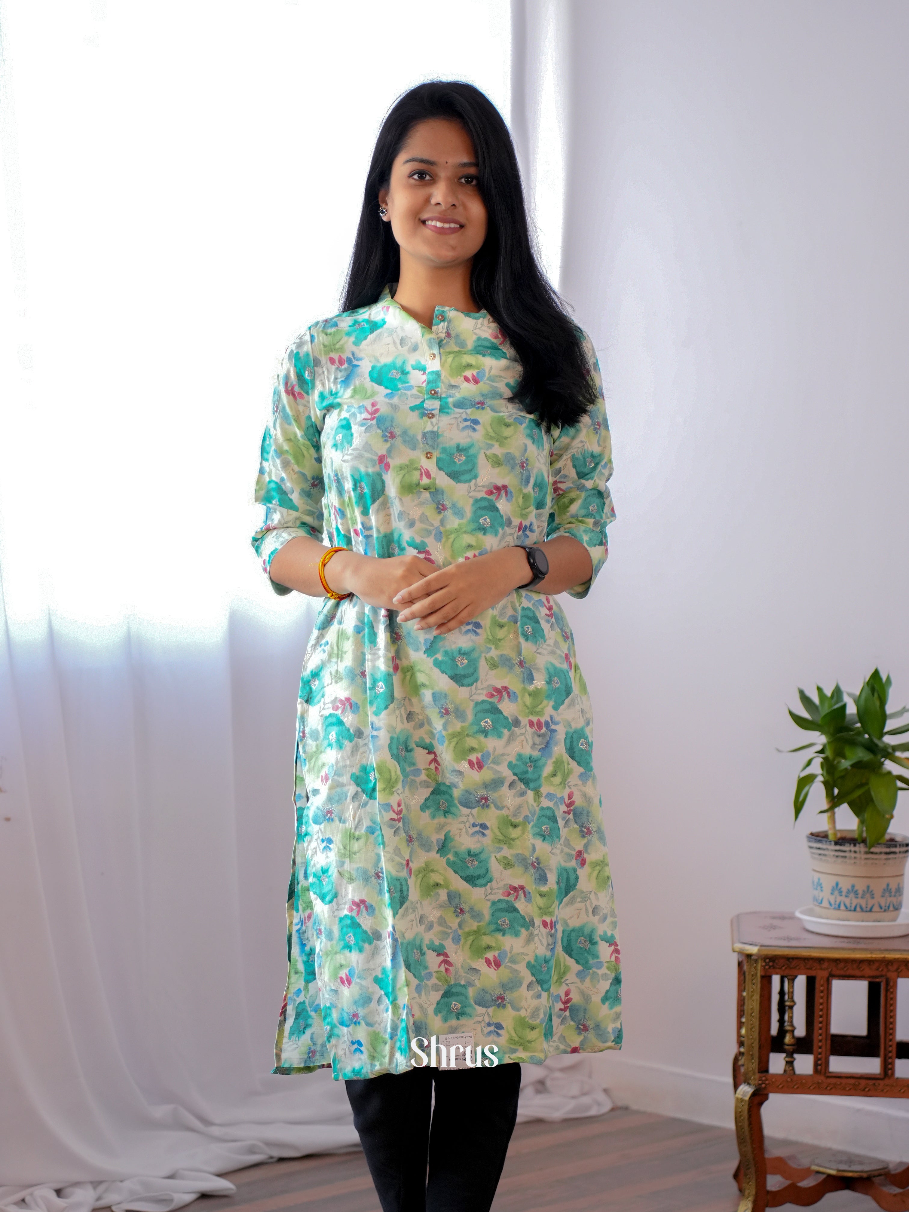 Cream & Blue - Readymade Kurti - Shop on ShrusEternity.com