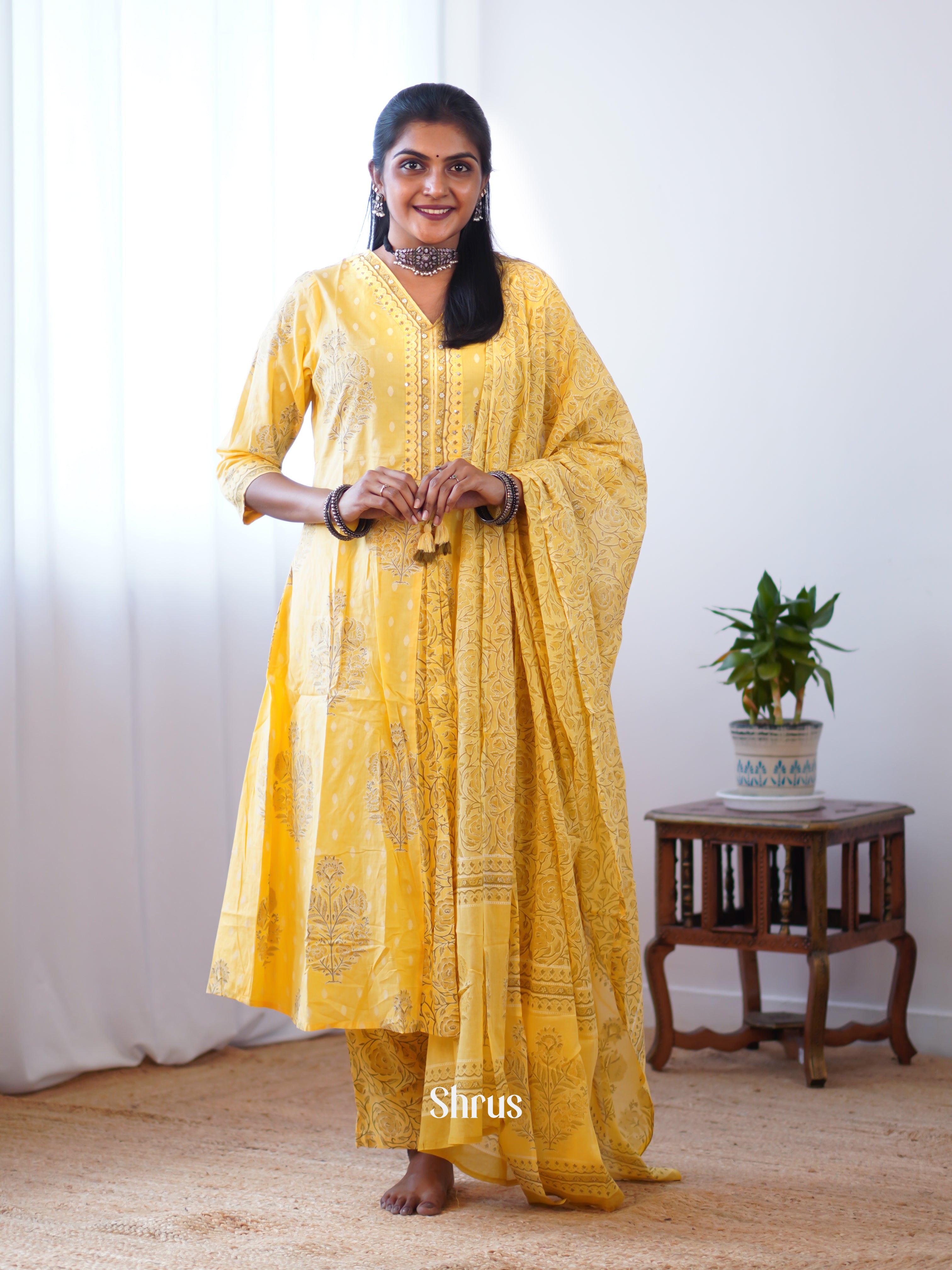Yellow - Floral Printed 3 pc Readymade Suits - Shop on ShrusEternity.com