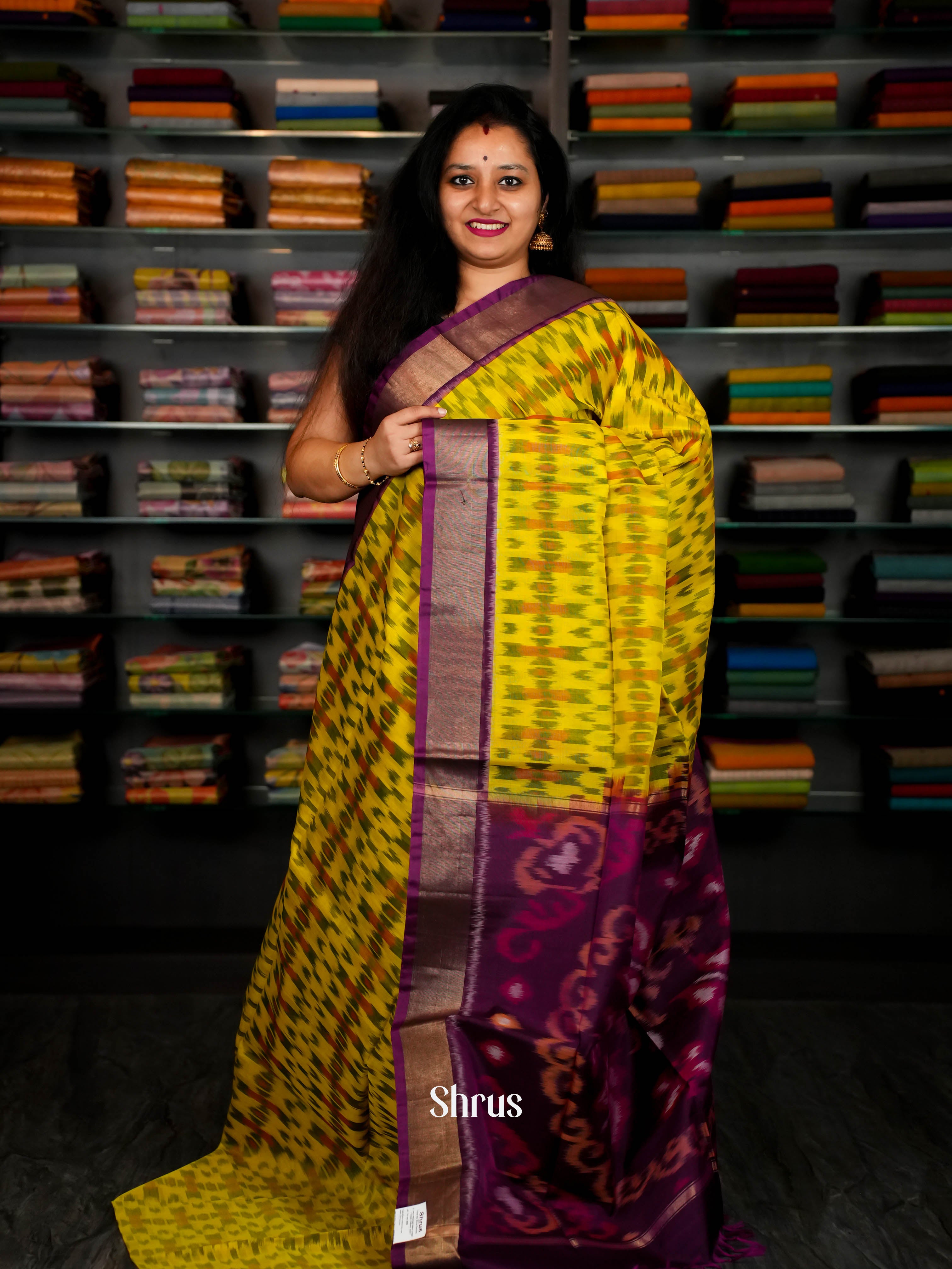 Yellowish Green & Majenta - Pochampally sico Saree - Shop on ShrusEternity.com
