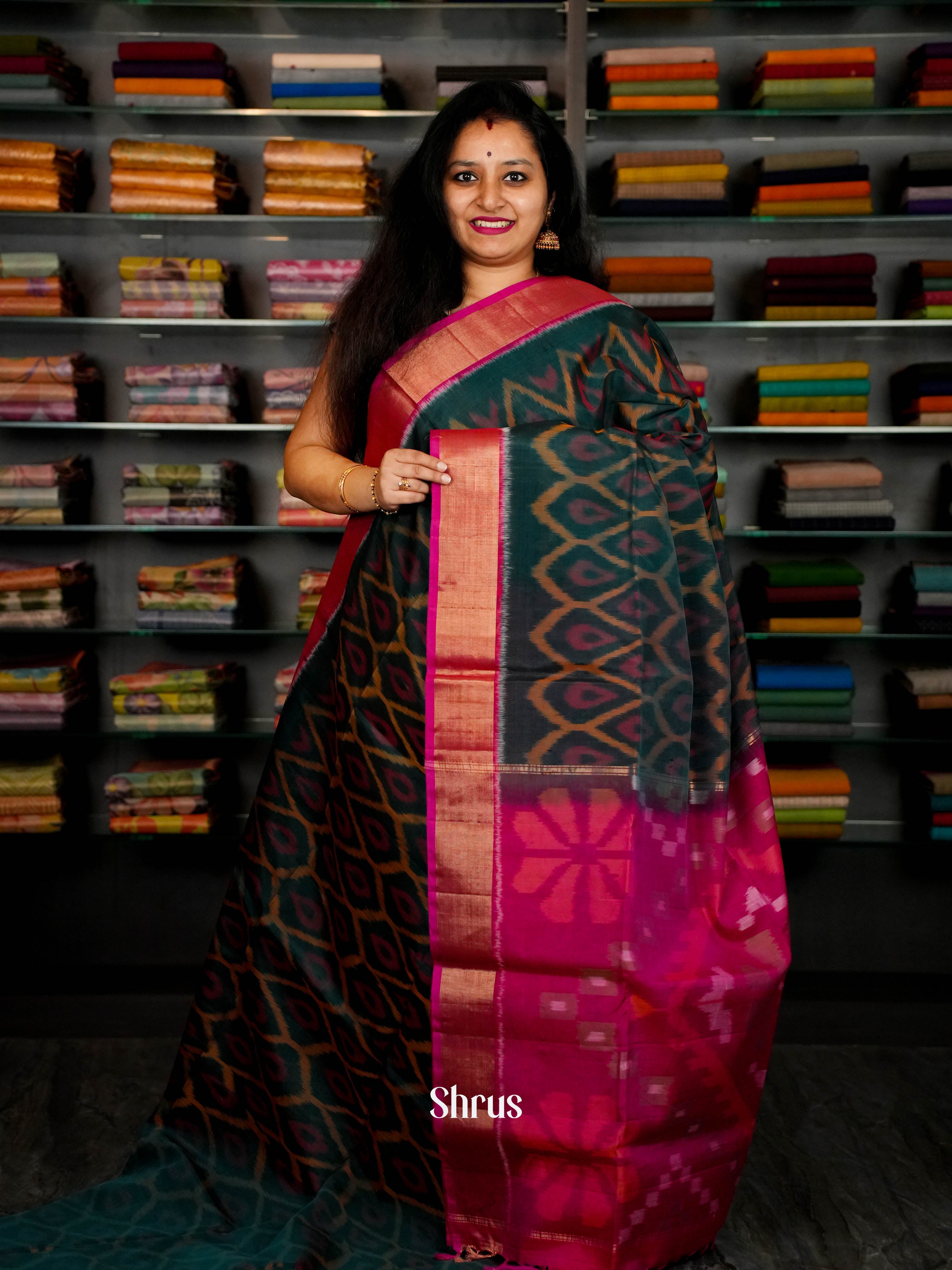 Green & Rosy Red - Pochampally sico Saree - Shop on ShrusEternity.com