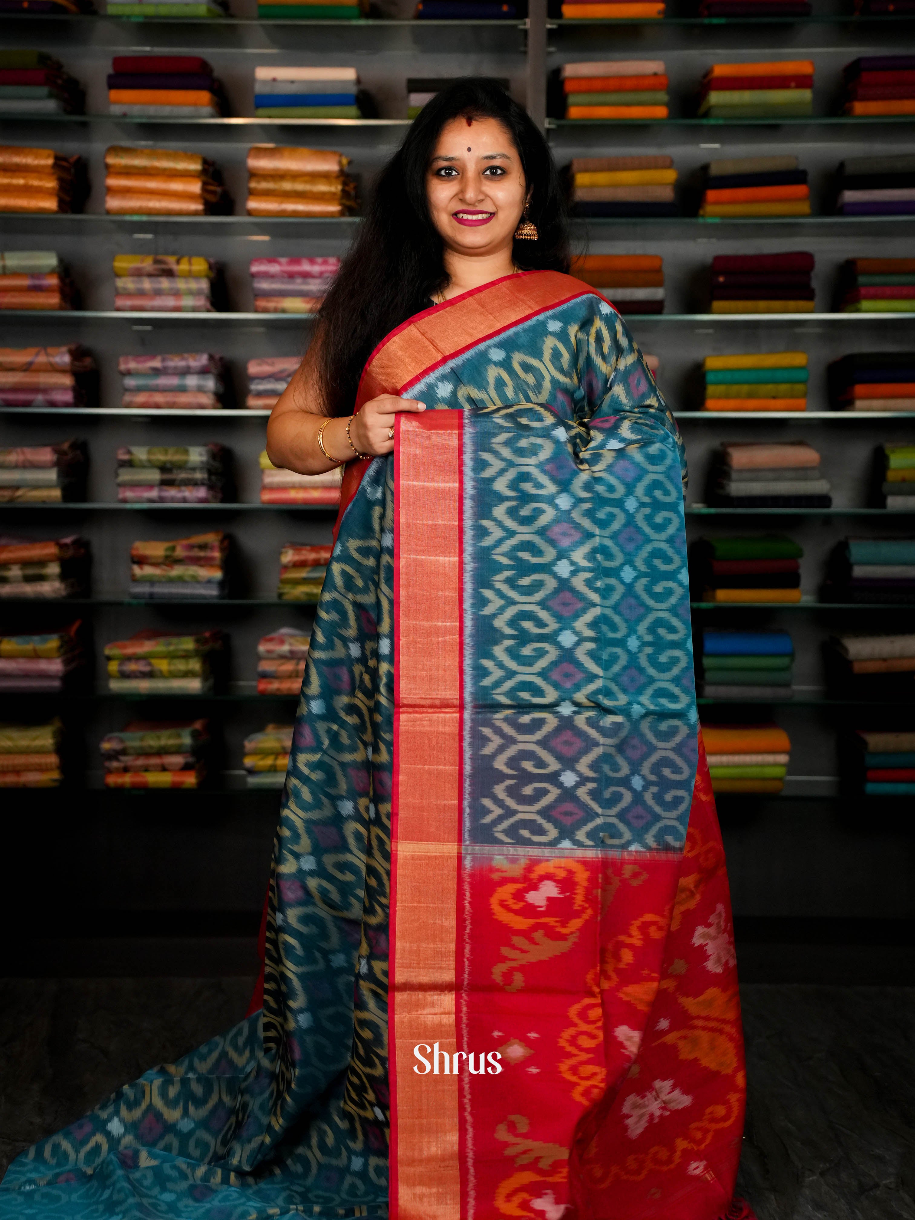 Teal & Red - Pochampally sico Saree - Shop on ShrusEternity.com
