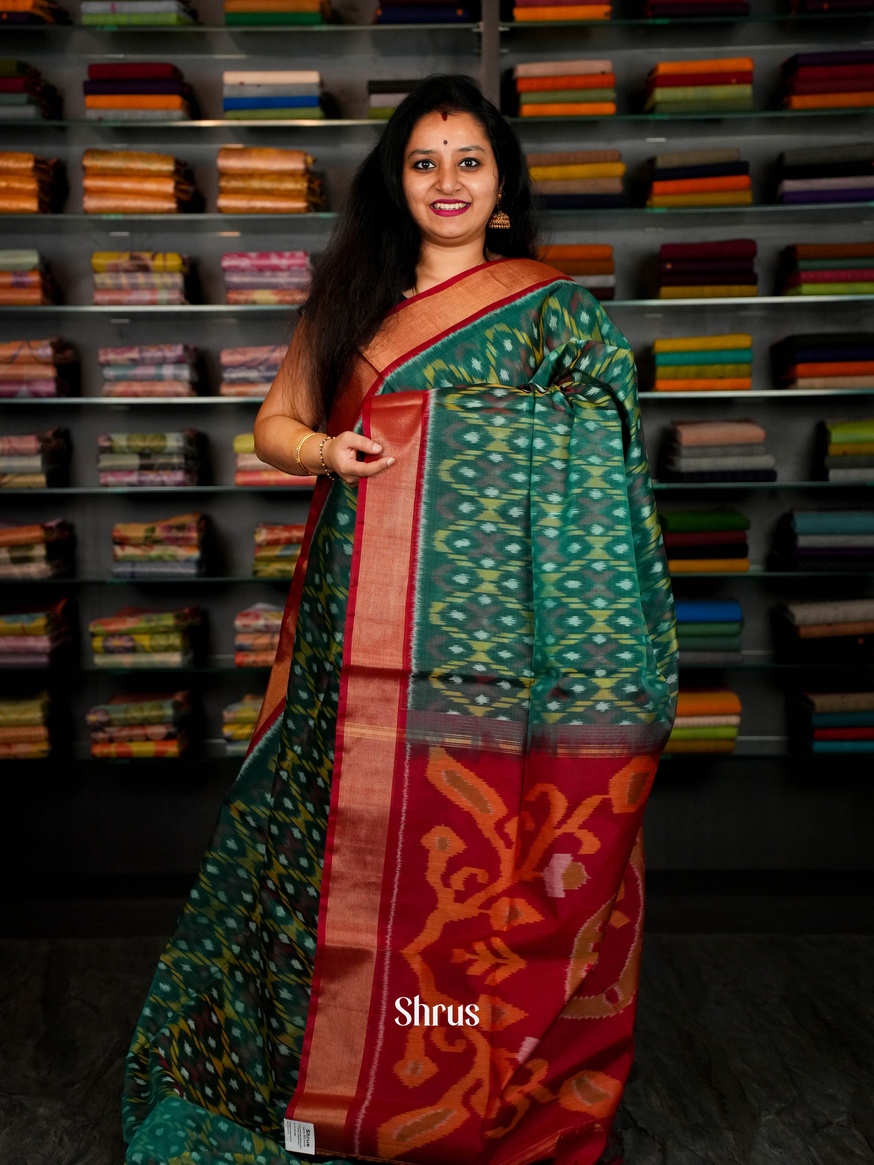 Green & Red - Pochampally sico Saree - Shop on ShrusEternity.com