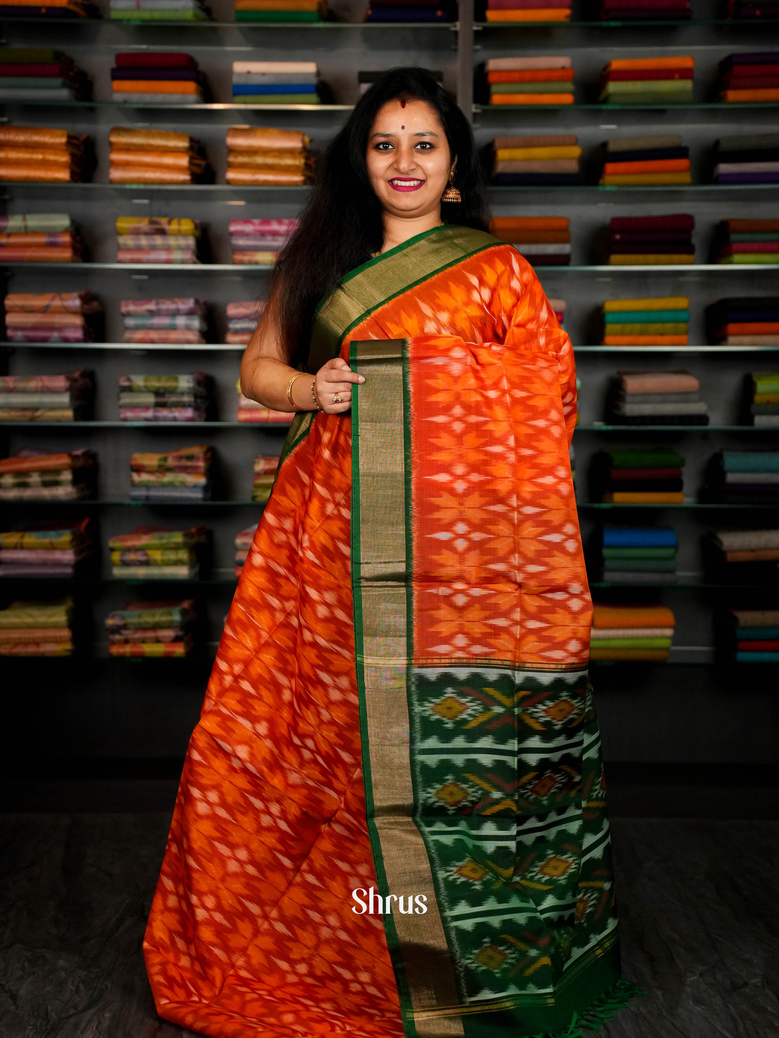 Reddish Orange & Dark Green - Pochampally sico Saree - Shop on ShrusEternity.com