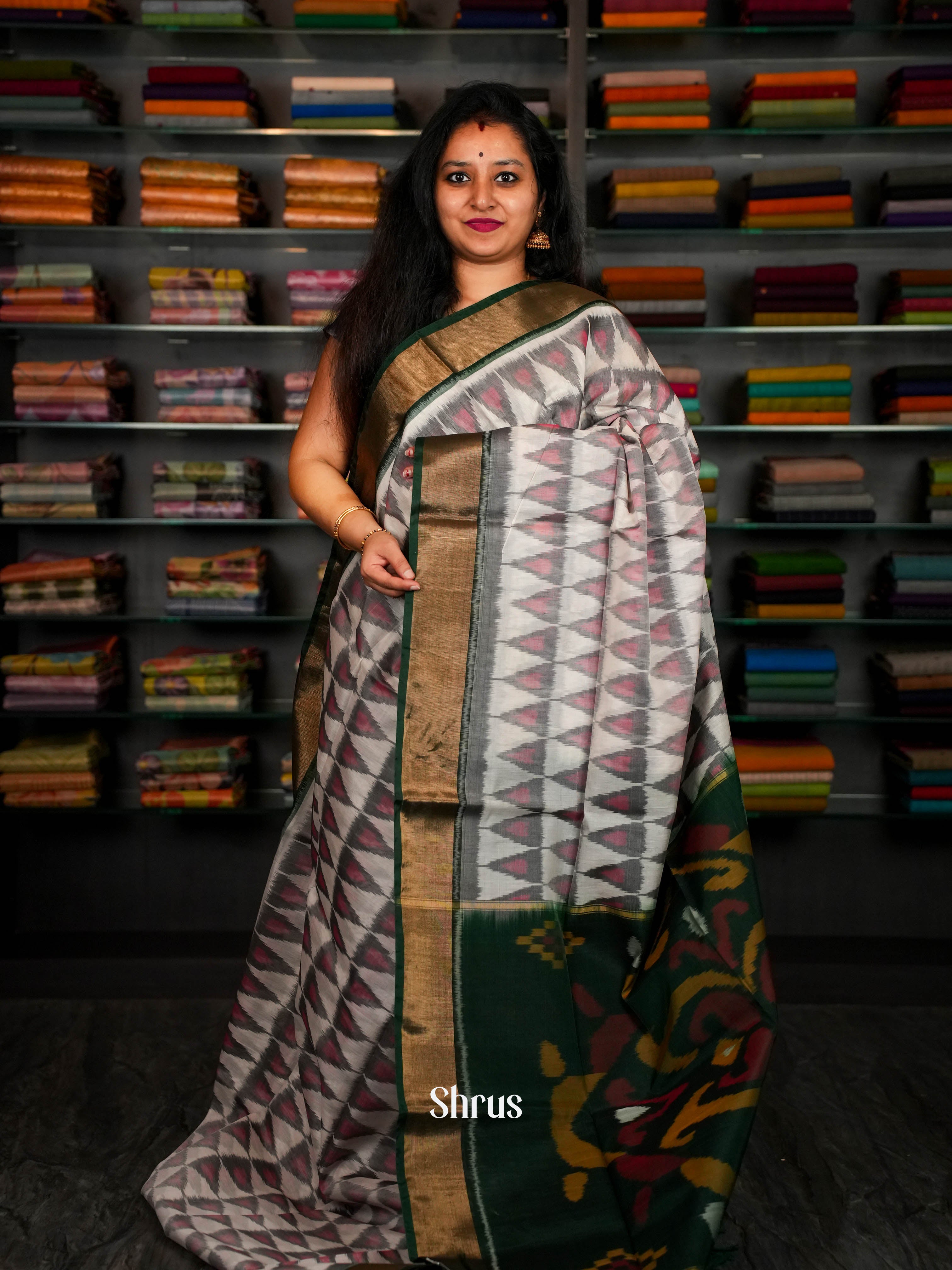 Whitw & Green - Pochampally sico Saree - Shop on ShrusEternity.com