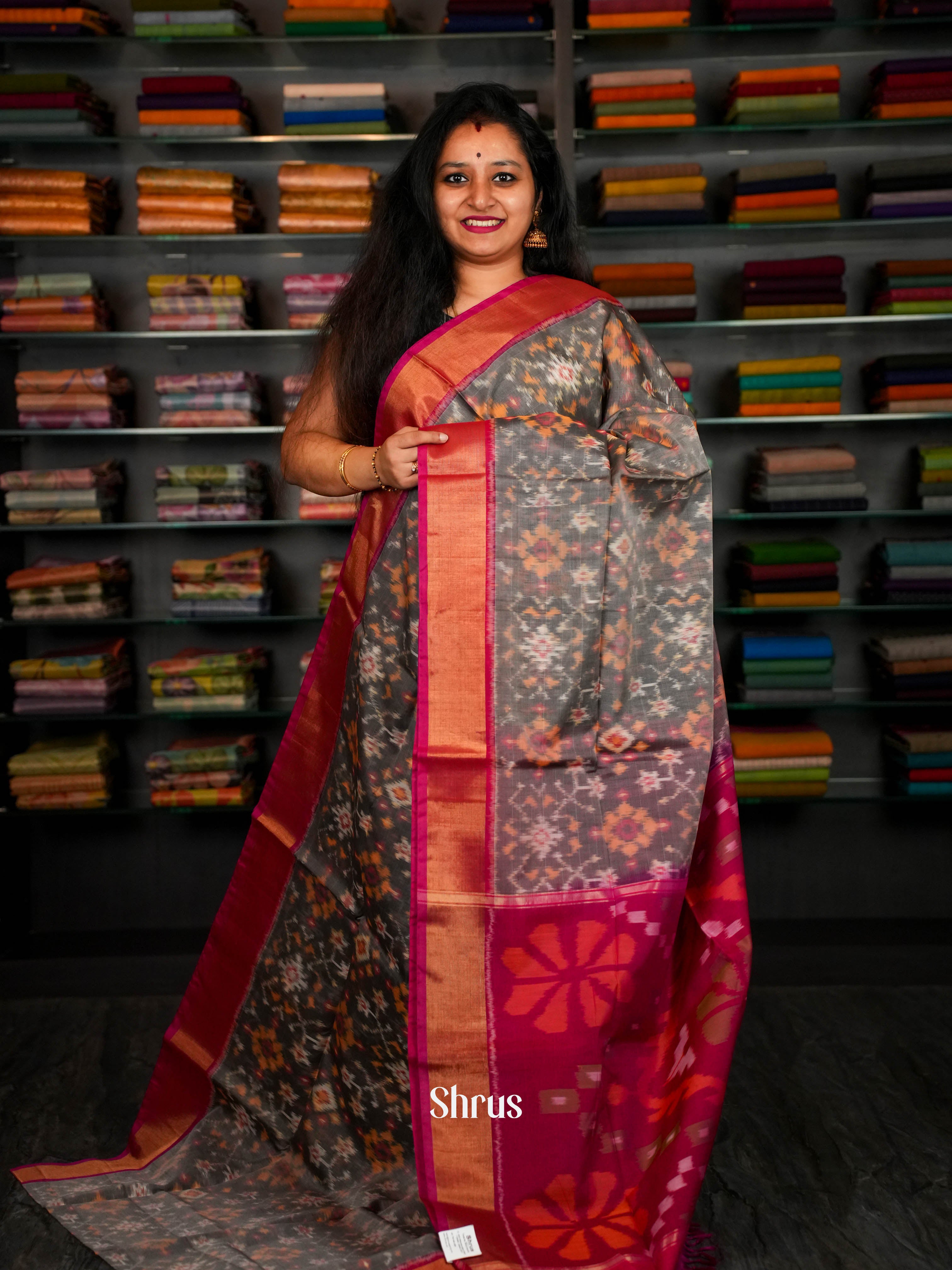 Grey & Rosy Red - Pochampally sico Saree - Shop on ShrusEternity.com