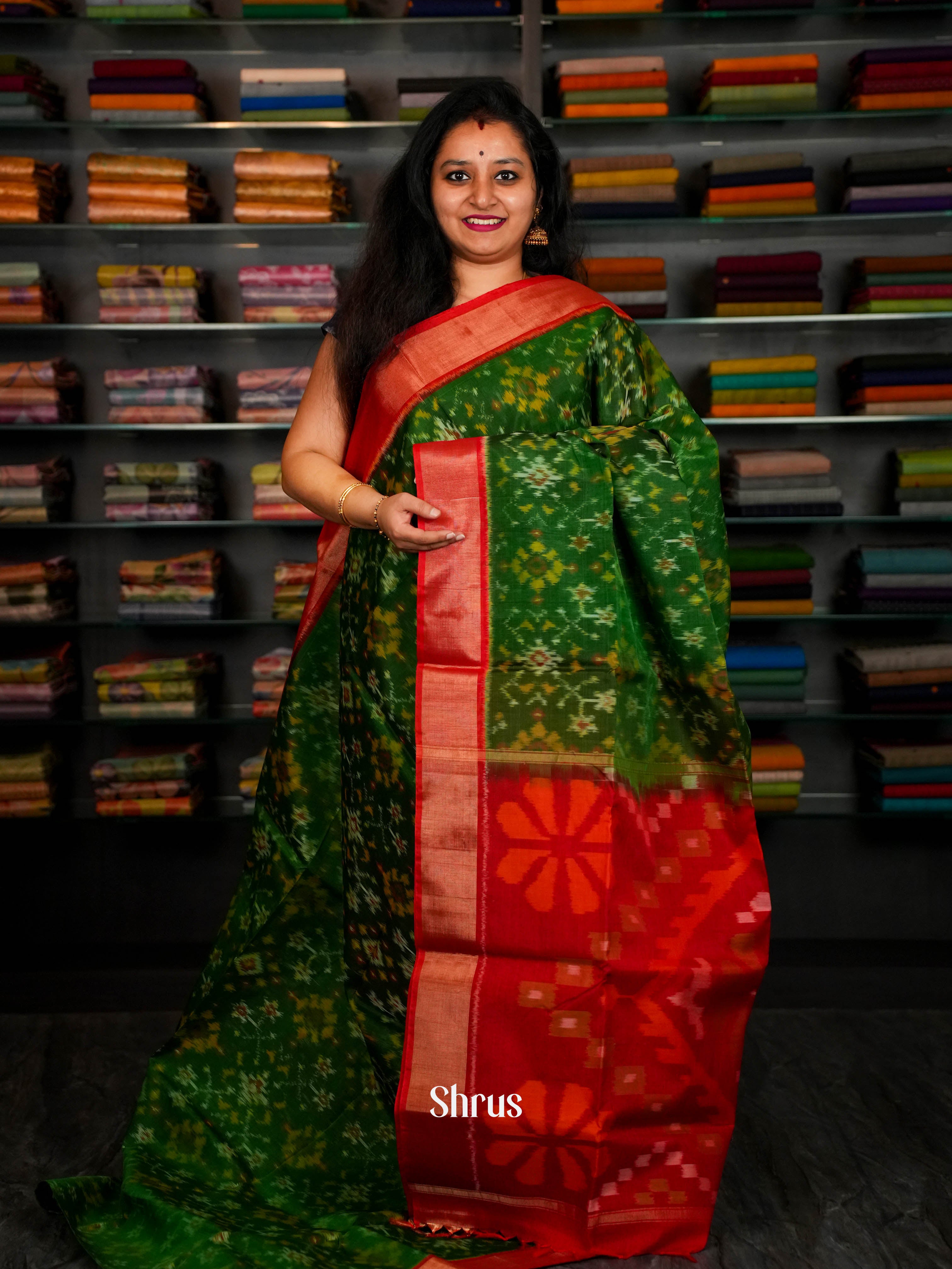 Green & Red- Pochampally sico Saree - Shop on ShrusEternity.com