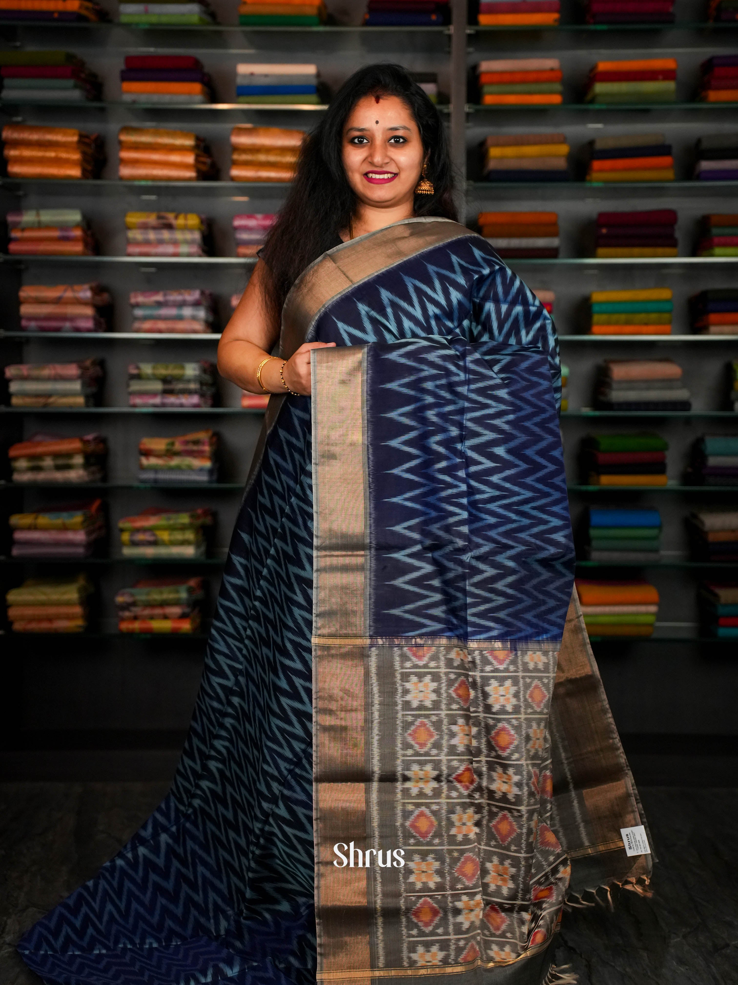 Blue & Grey - Pochampally sico Saree - Shop on ShrusEternity.com