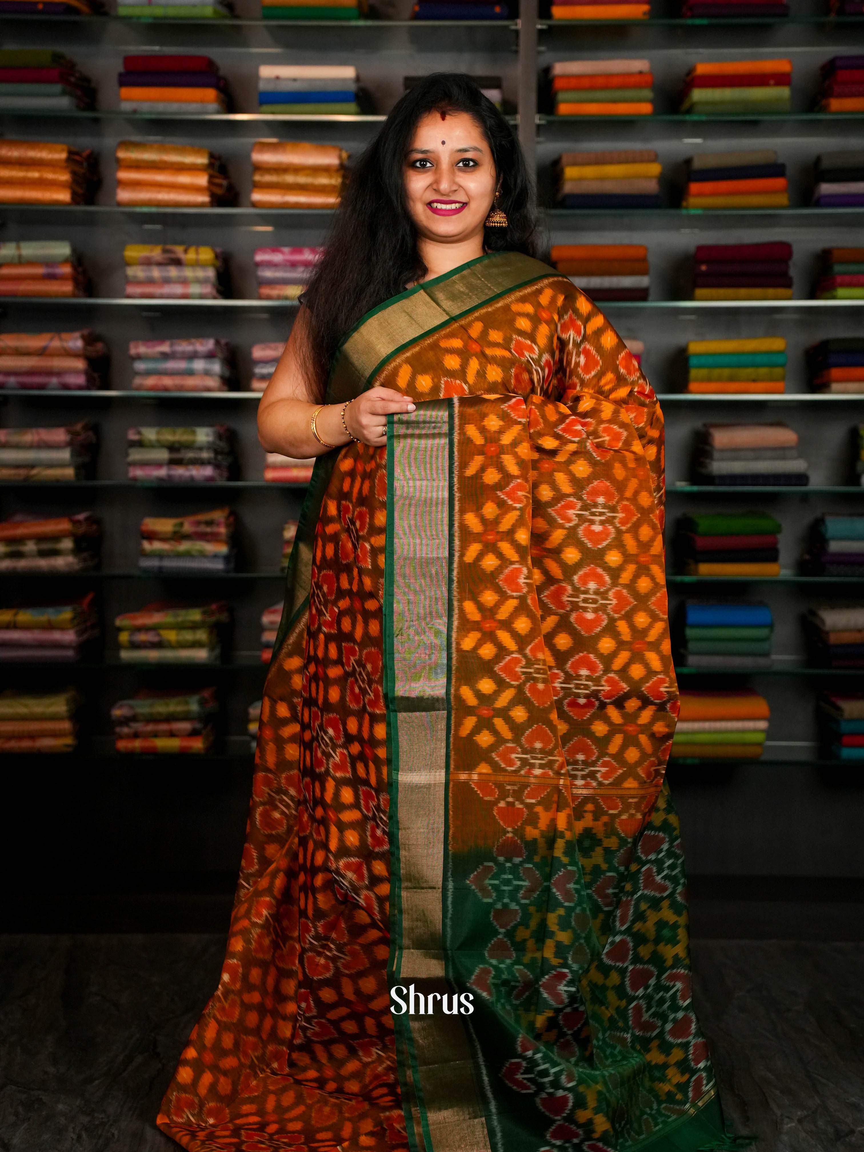 Shades Of Orange & Green - Pochampally sico Saree - Shop on ShrusEternity.com