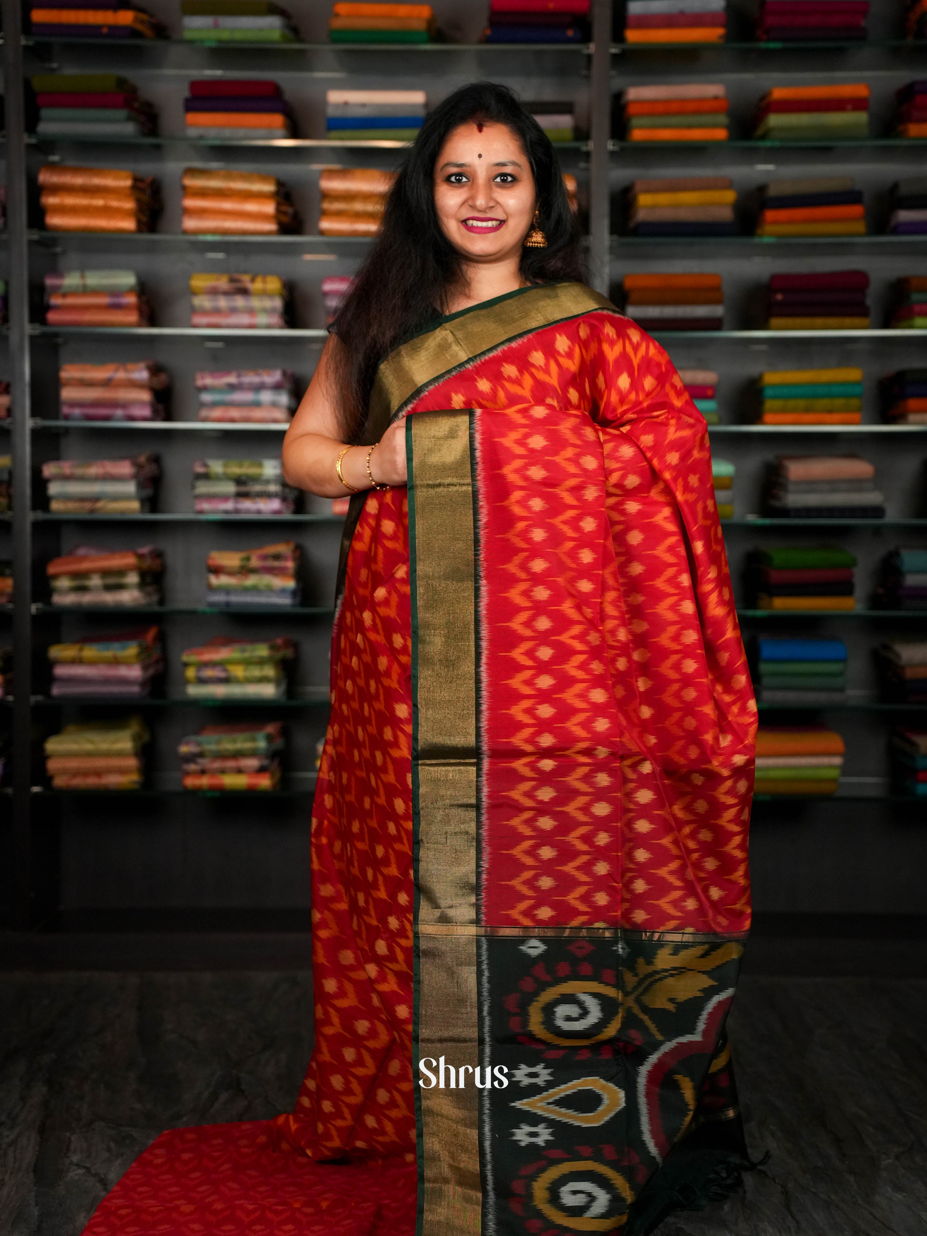 Red & Green - Pochampally sico Saree - Shop on ShrusEternity.com