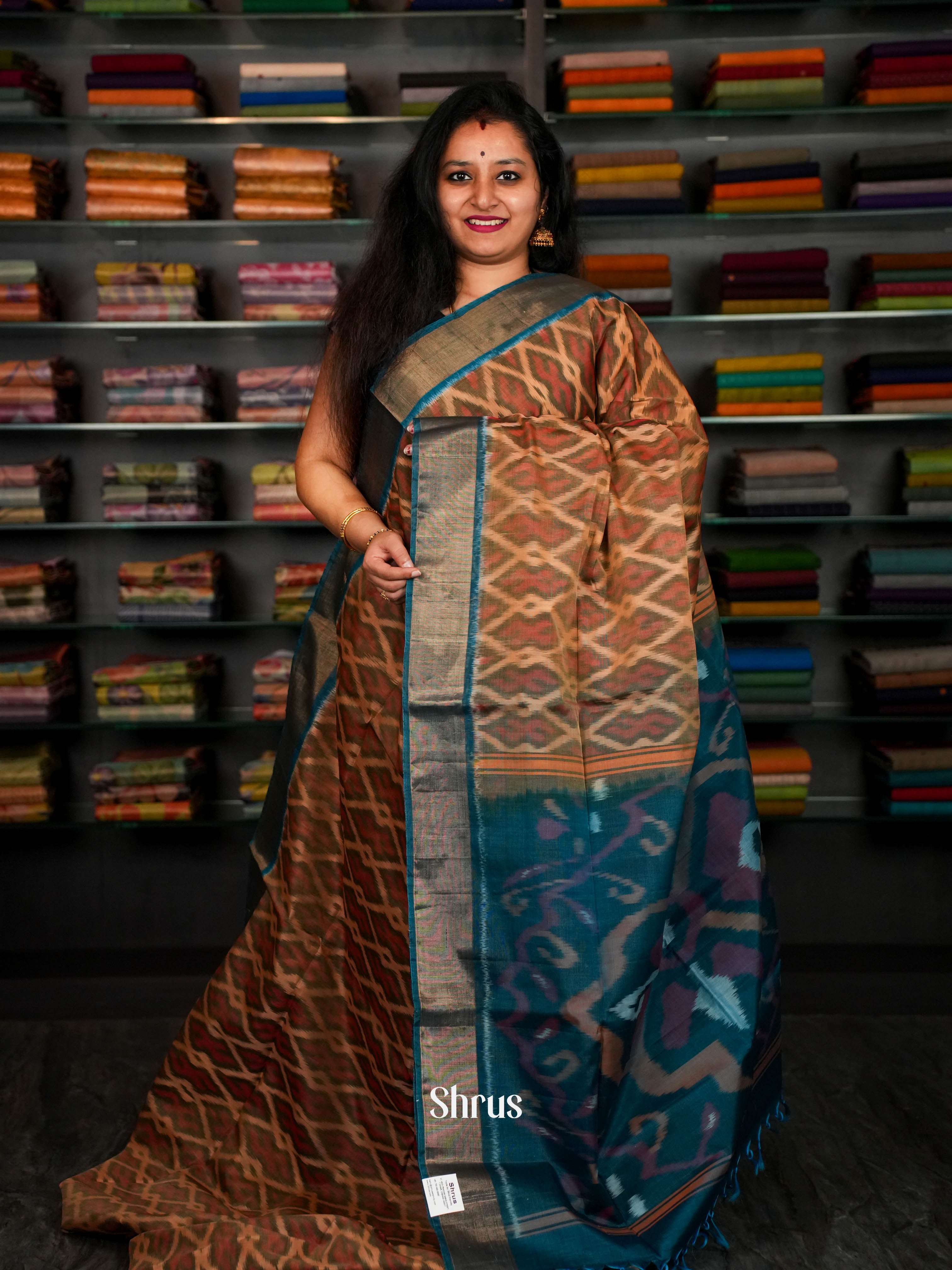Shades Of Brown & Fancy Blue - Pochampally sico Saree - Shop on ShrusEternity.com