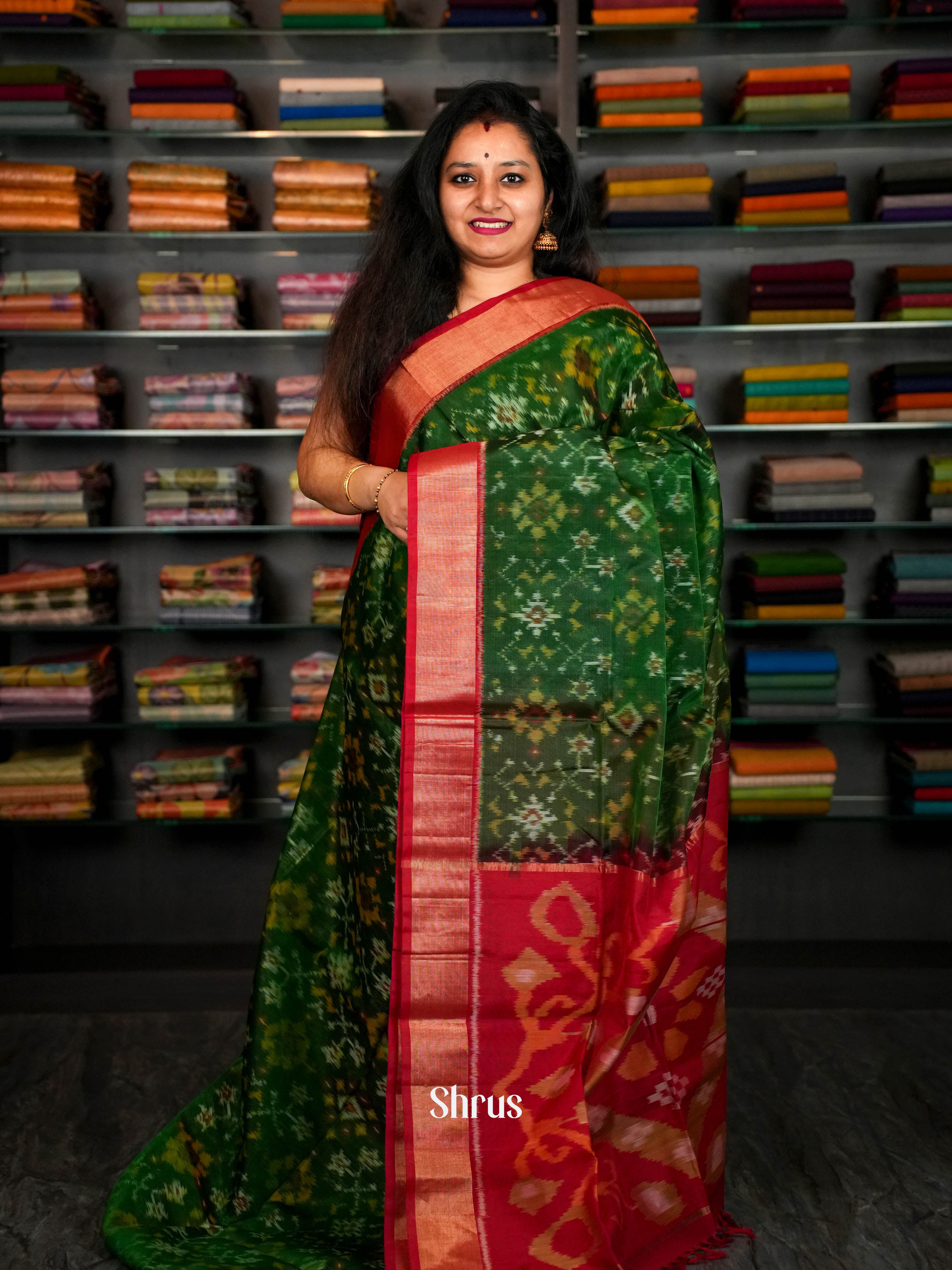 Green & Red - Pochampally sico Saree - Shop on ShrusEternity.com