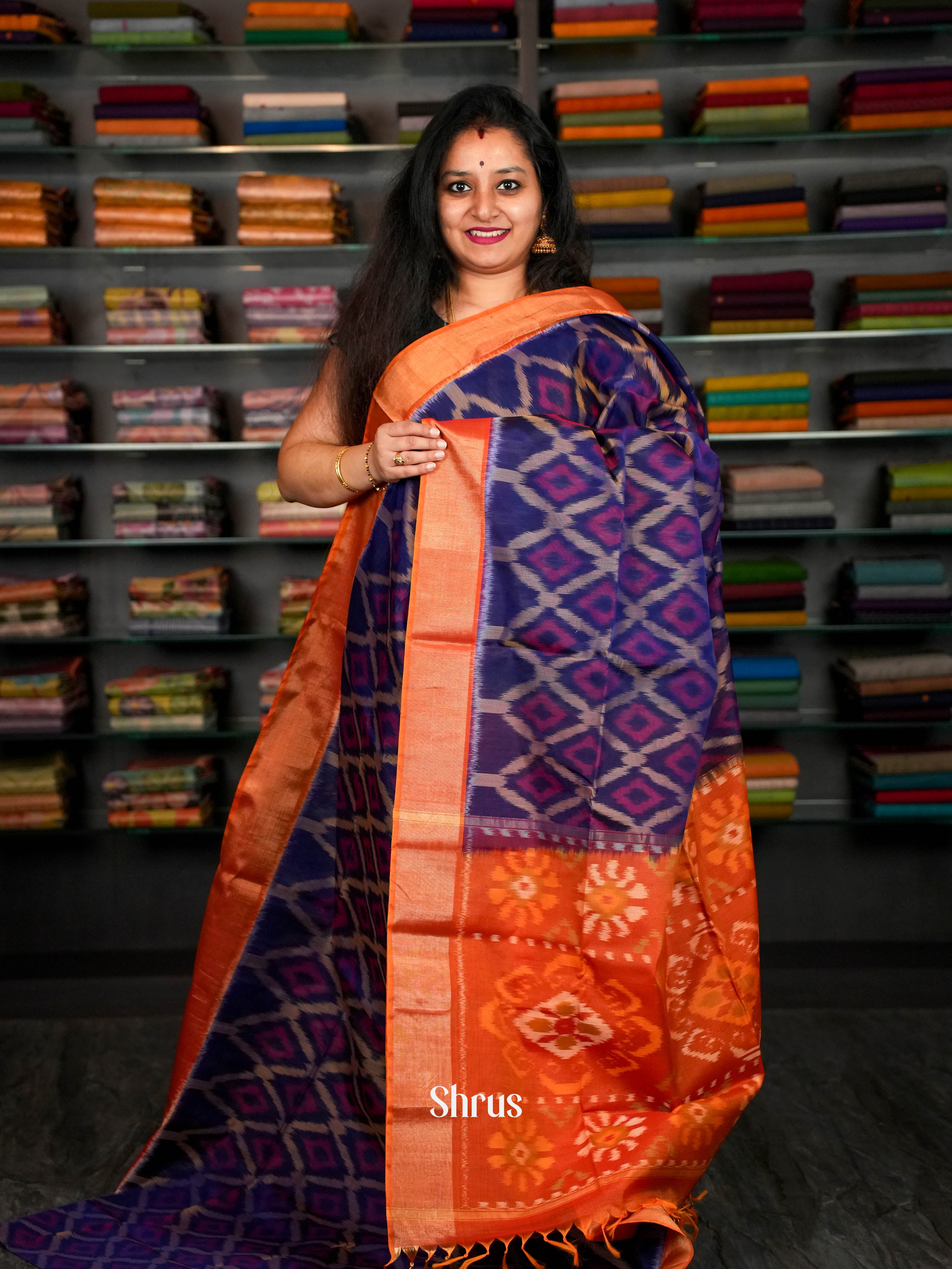 Deep Indigo & Reddish Orange - Pochampally sico Saree - Shop on ShrusEternity.com