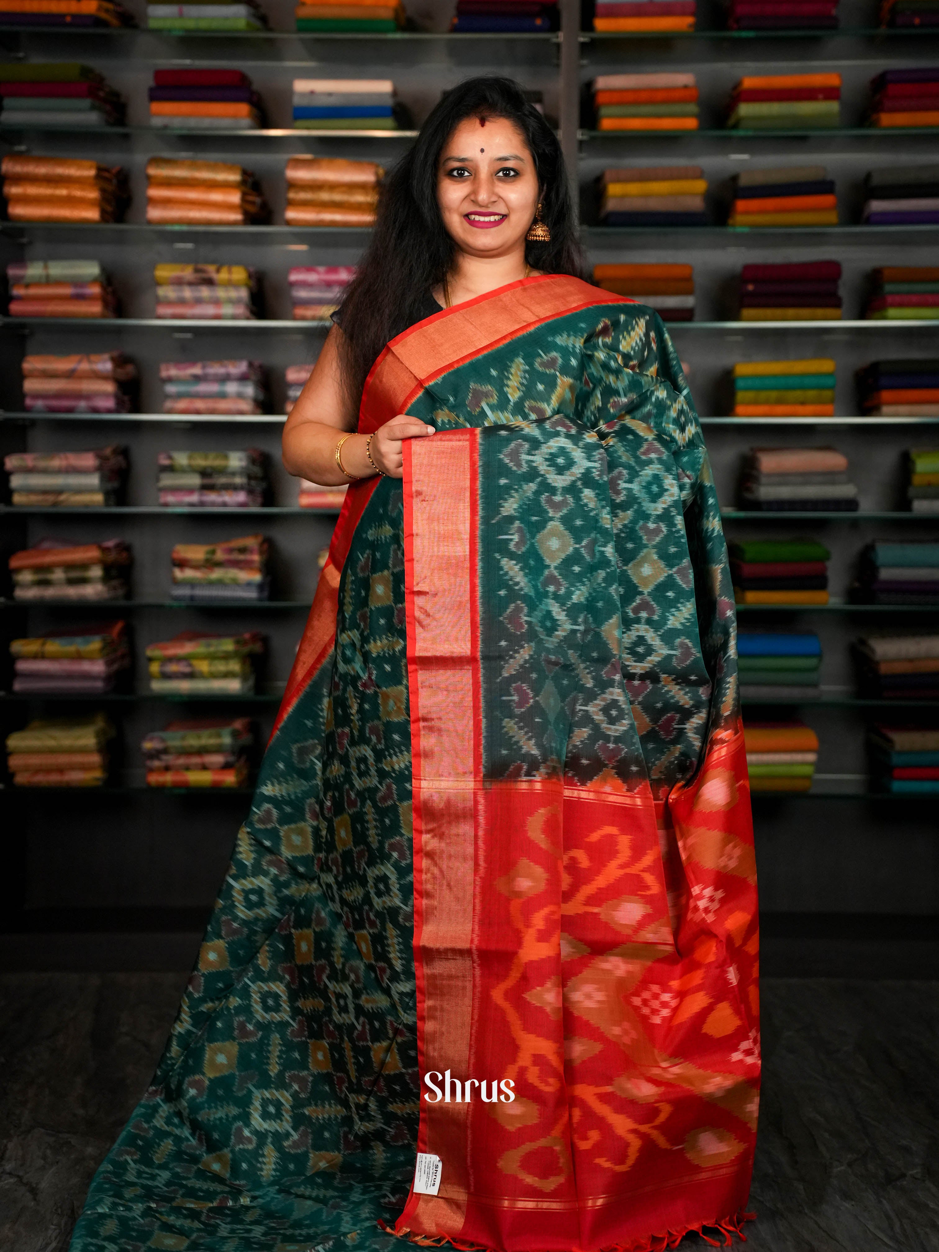 Greenish Blue & Red - Pochampally sico Saree - Shop on ShrusEternity.com